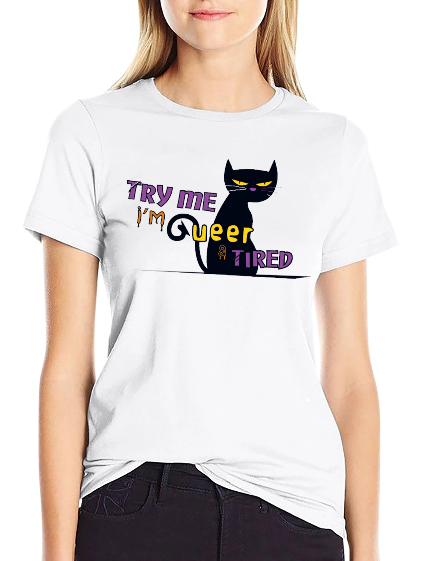 Black Try Me I'm Queer & Tired Black Cat T-Shirt view 9