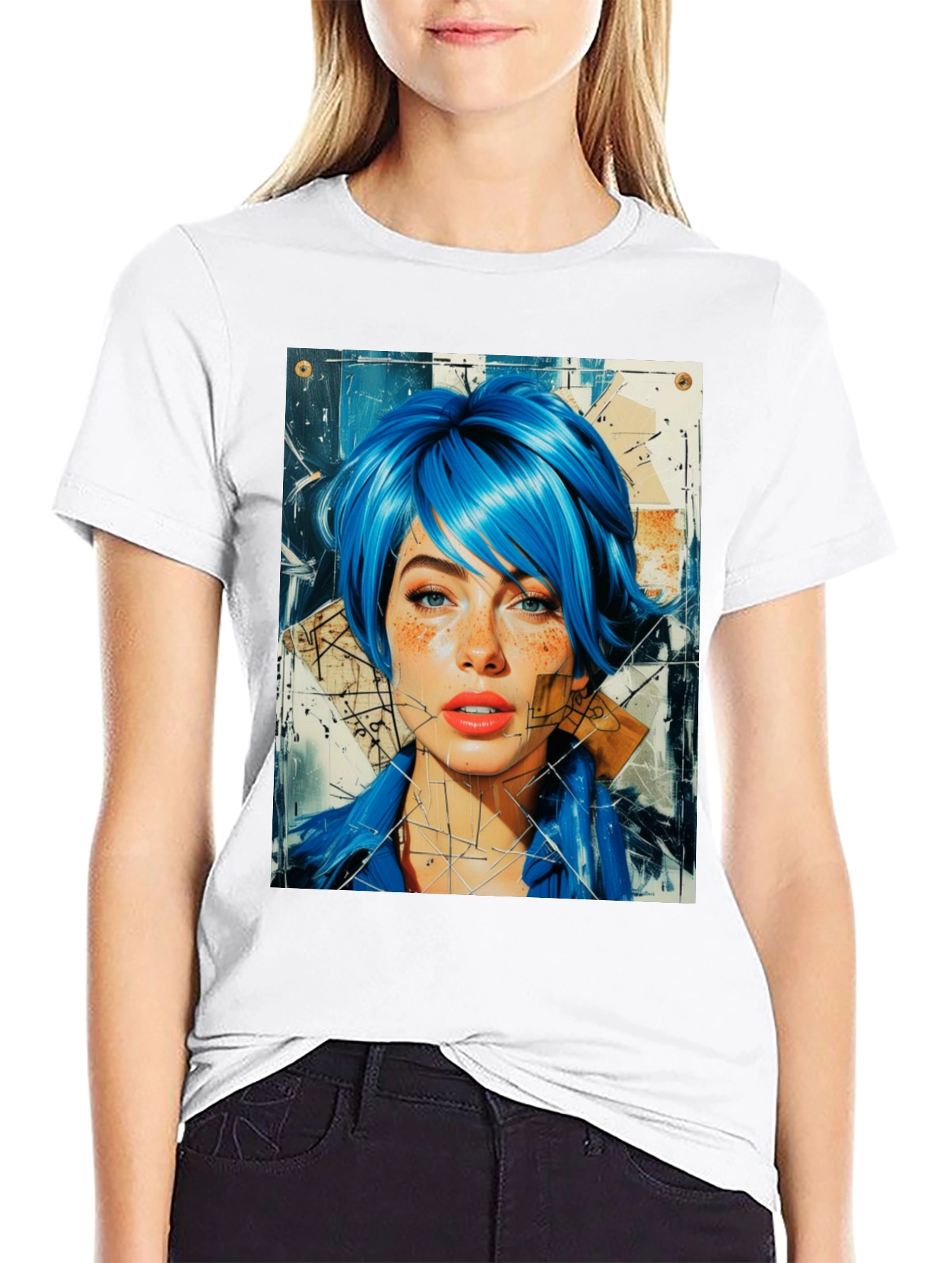 Abstract Blue Hair Woman Graphic Tee - 9