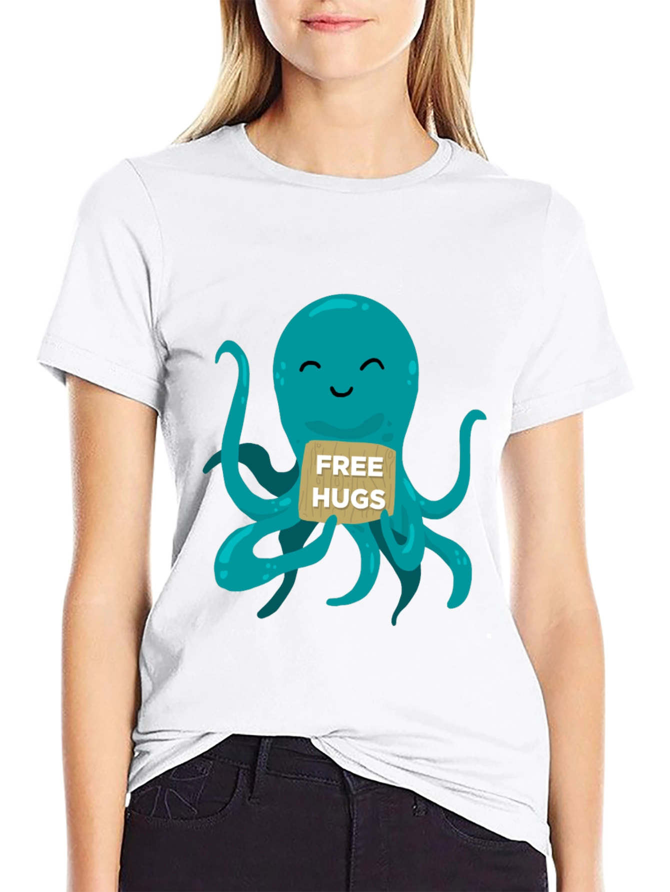 Black Cute Octopus 'Free Hugs' Graphic T-Shirt view 9