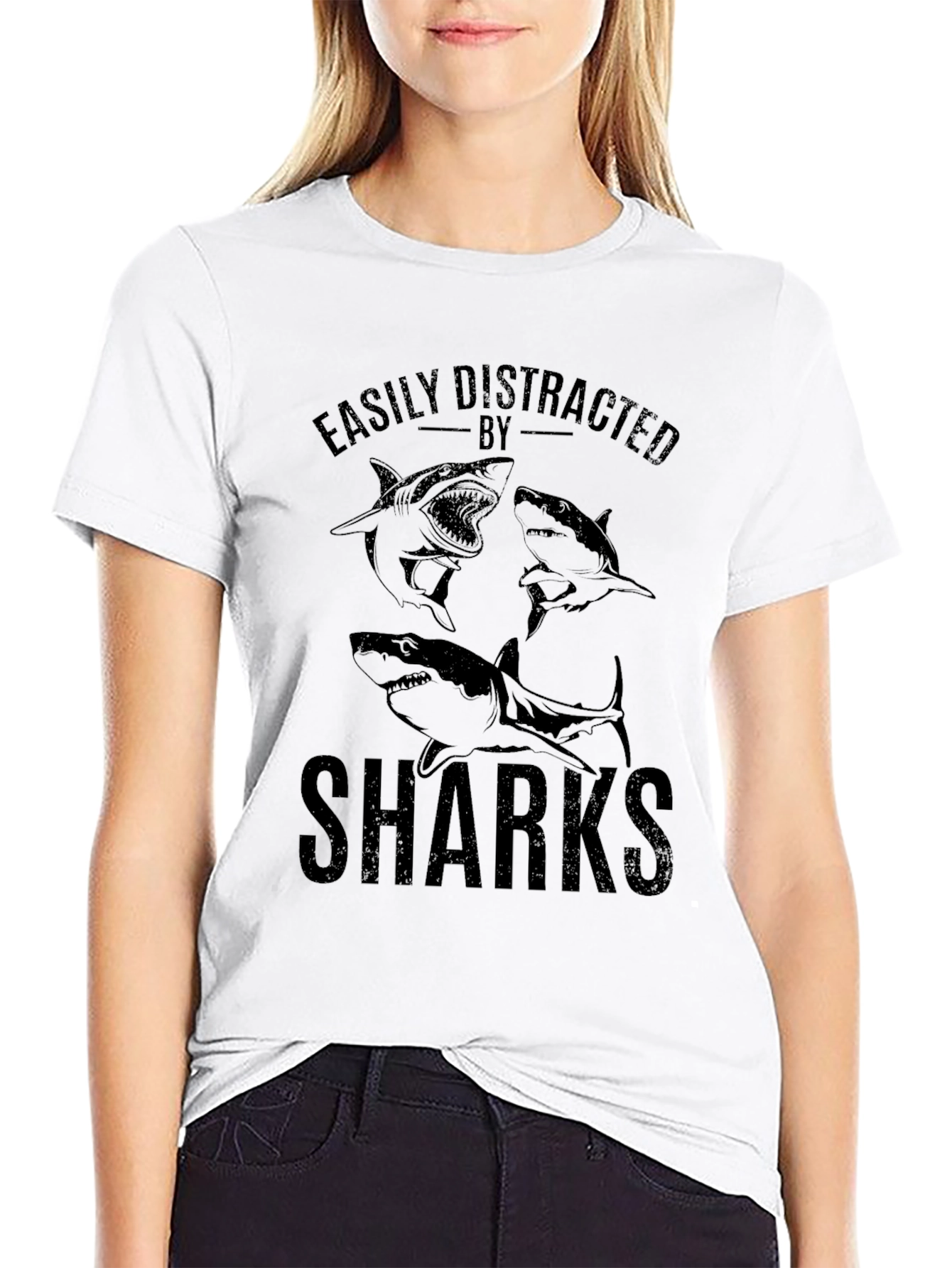 Black Easily Distracted by Sharks Graphic T-Shirt view 9