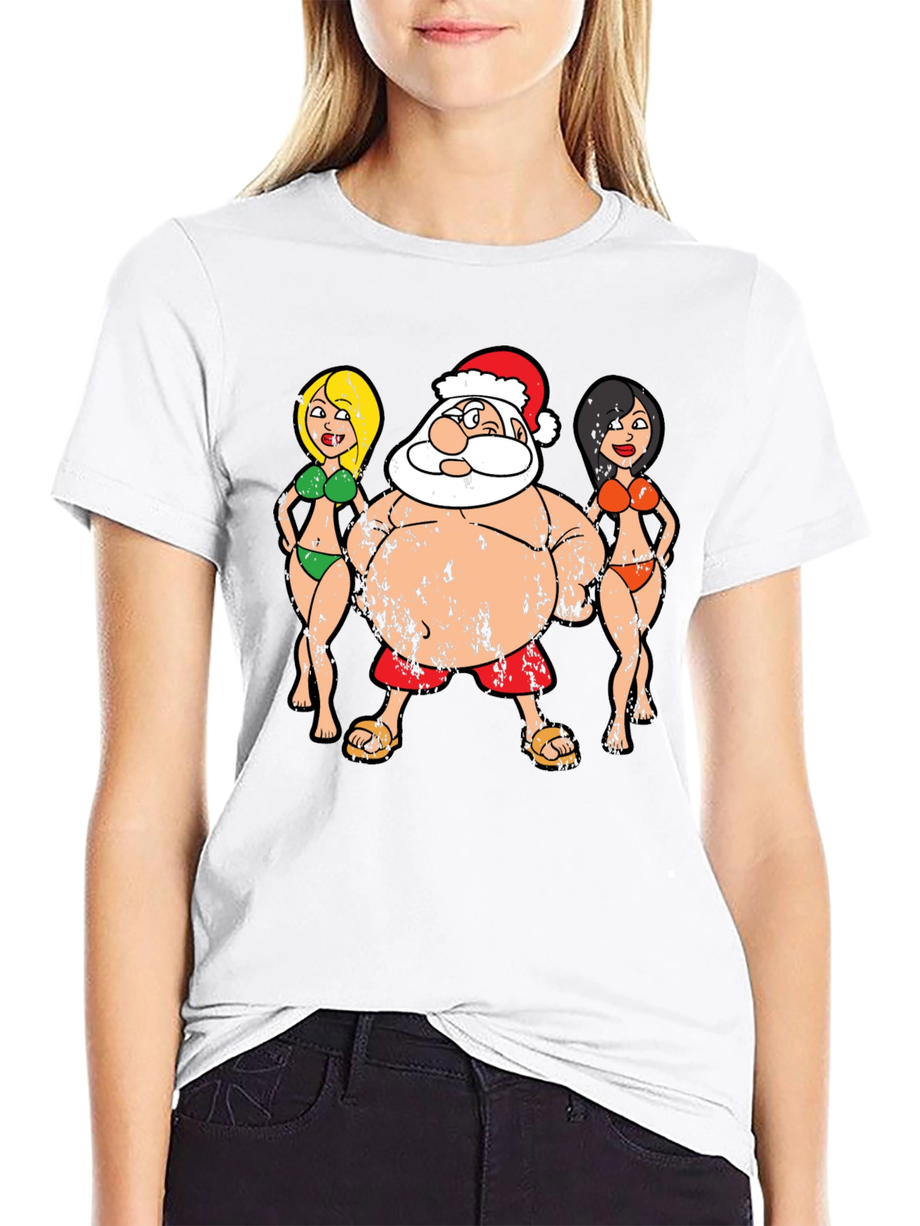 Black Funny Santa and Bikini Girls Graphic Tee view 9