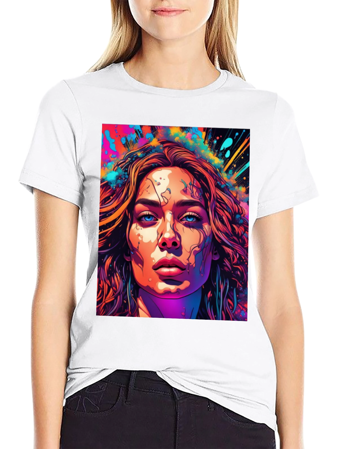Black Artistic Women's Face Graphic T-Shirt view 9