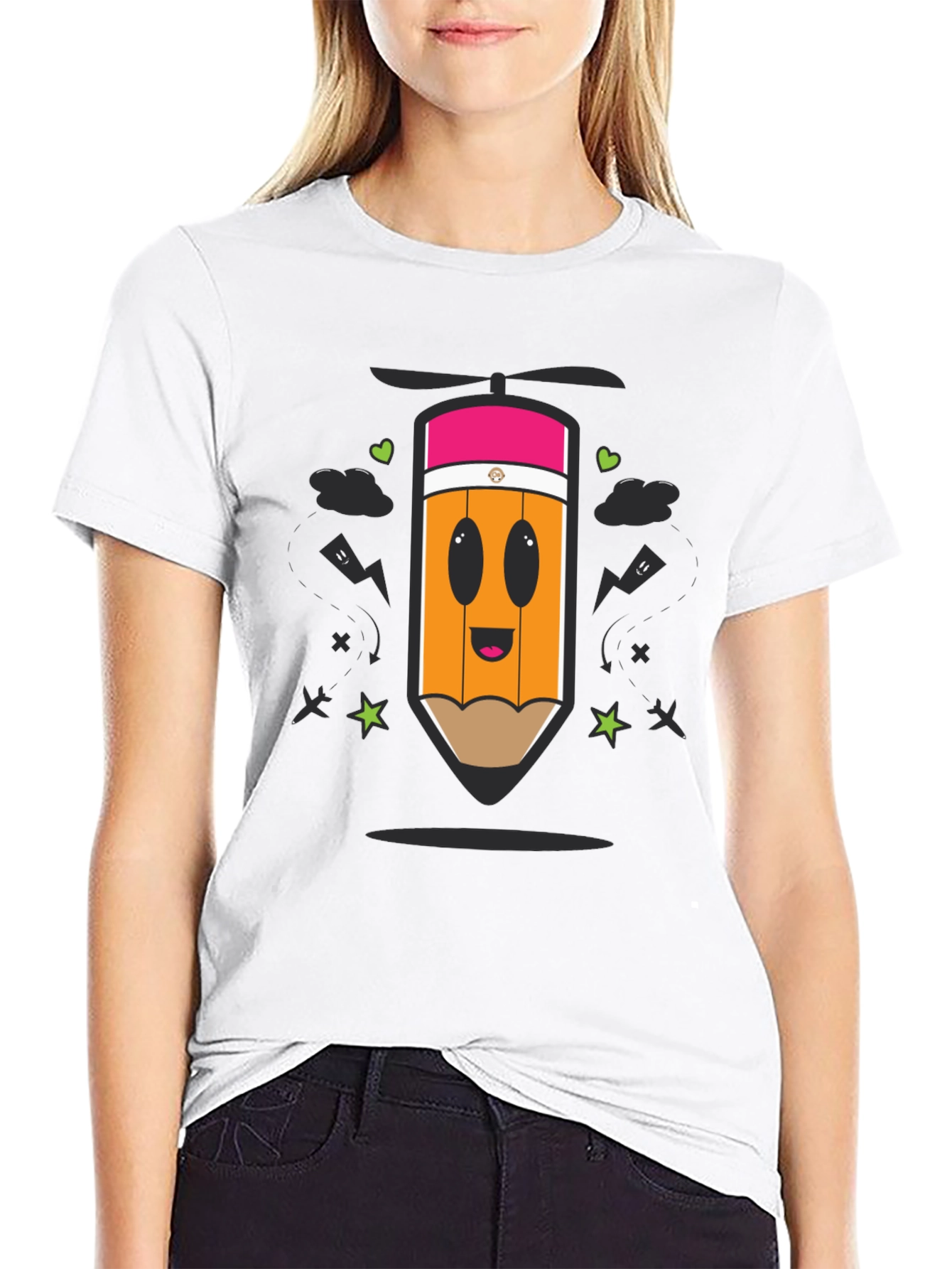 Black Cartoon Pencil Helicopter Graphic T-Shirt view 9