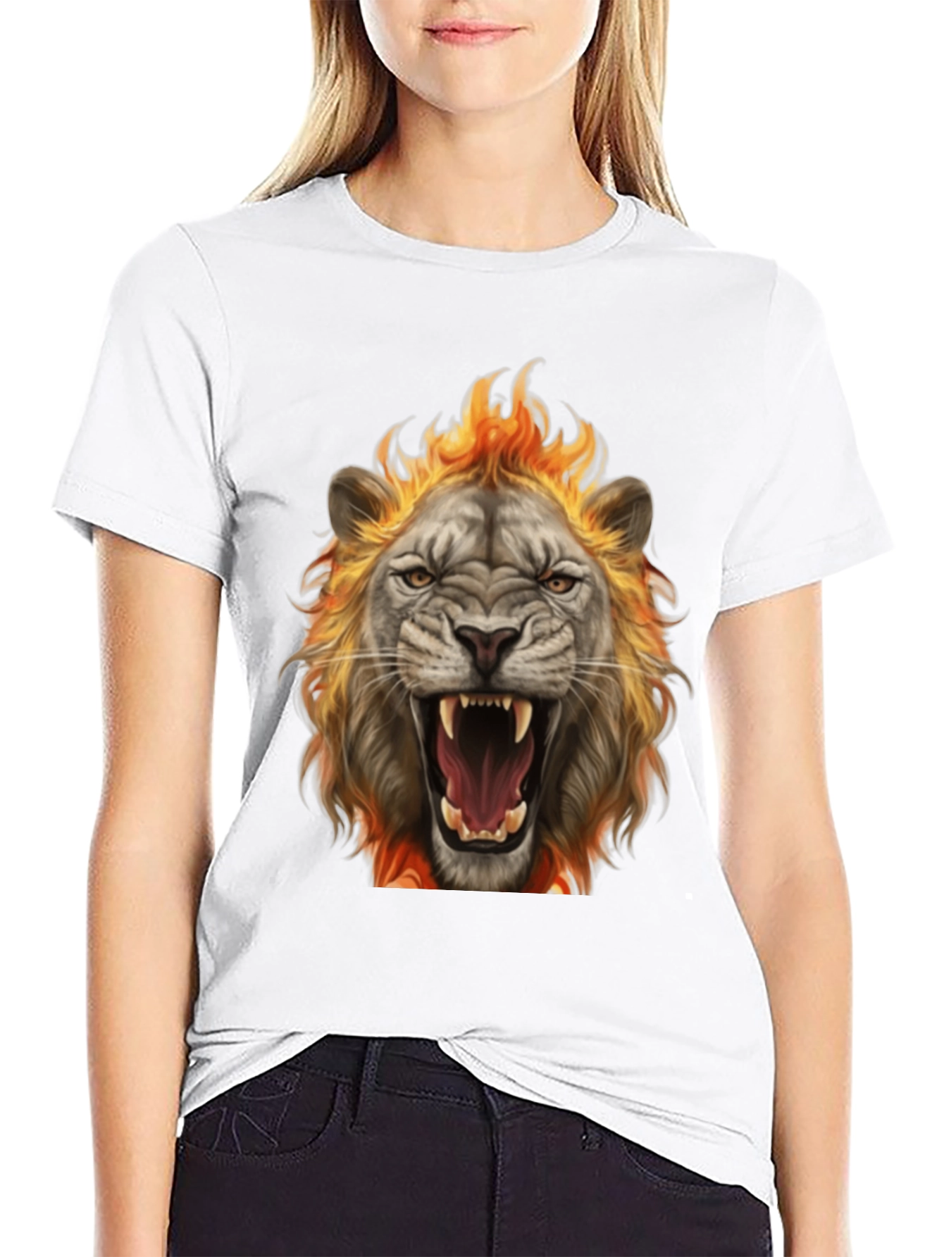Black Fiery Lion Graphic Tee - Bold Animal Print T-Shirt view 9