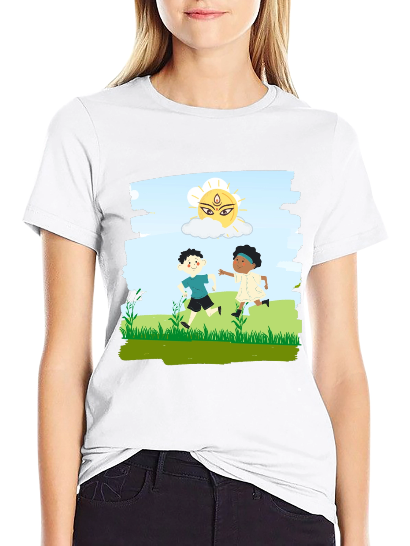 Black Kids Playing Graphic T-Shirt - Black Cotton Blend view 9