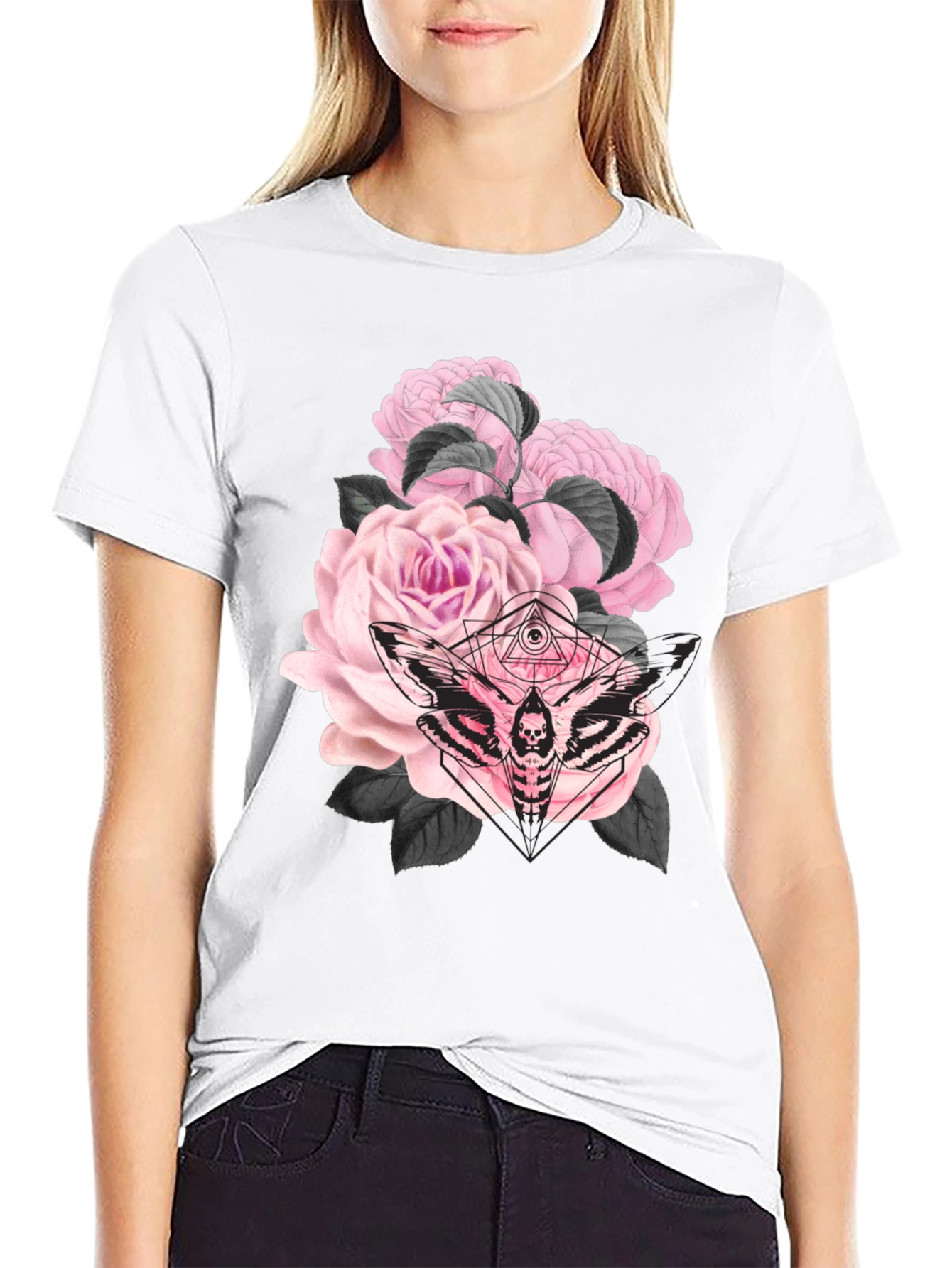 Black Gothic Floral Moth Black T-Shirt view 9
