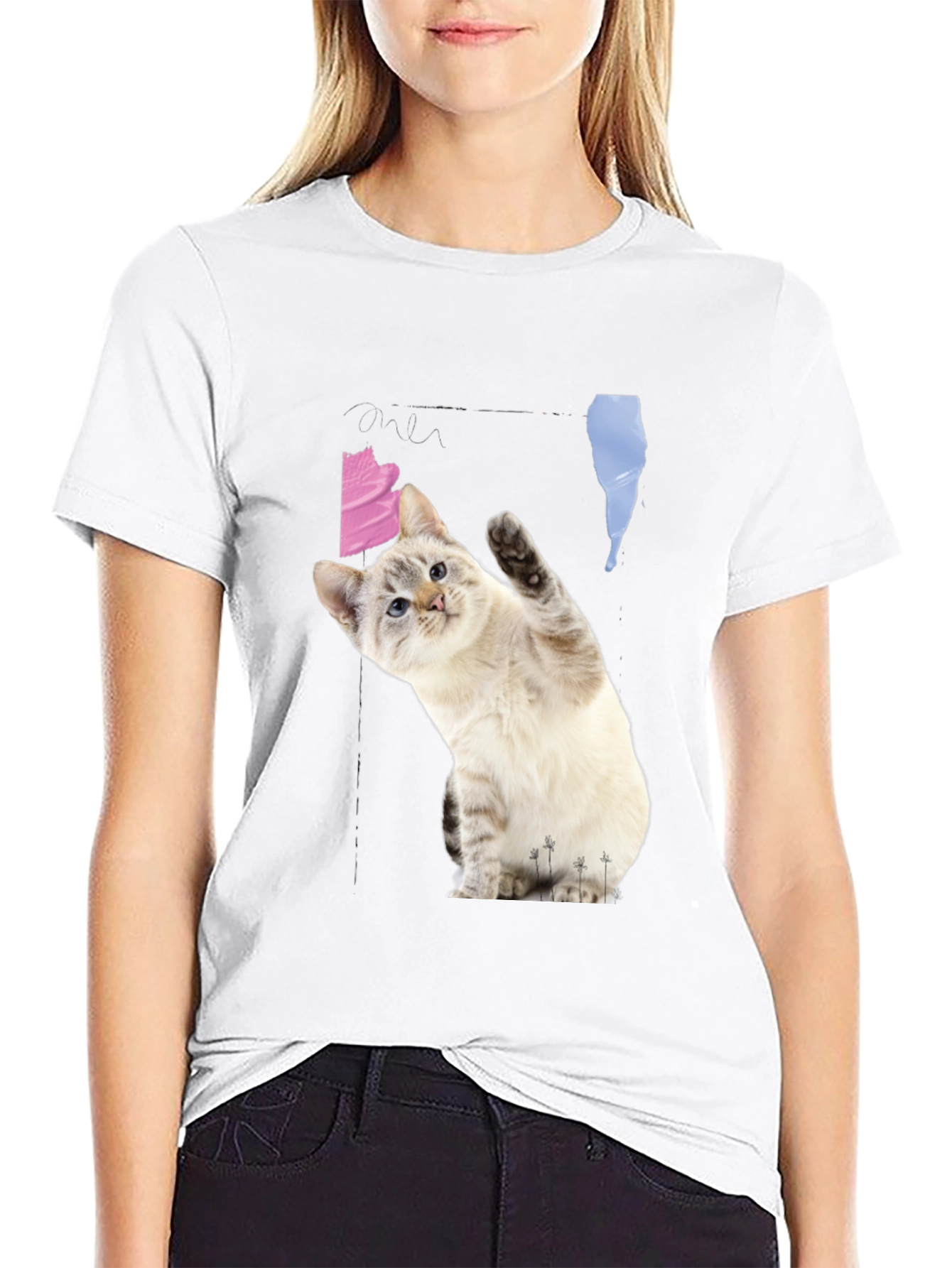 Black Cute Cat Waving Black T-Shirt view 9