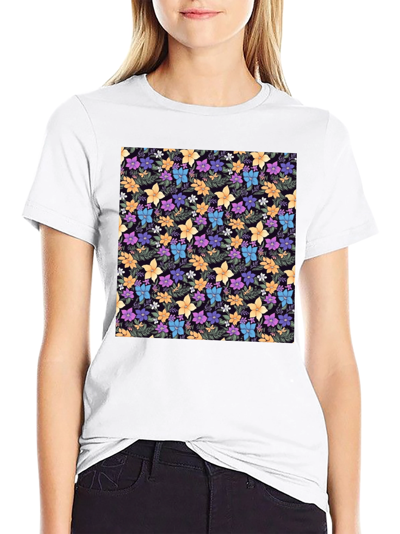 Black Floral Print Black Crew Neck T-Shirt view 9