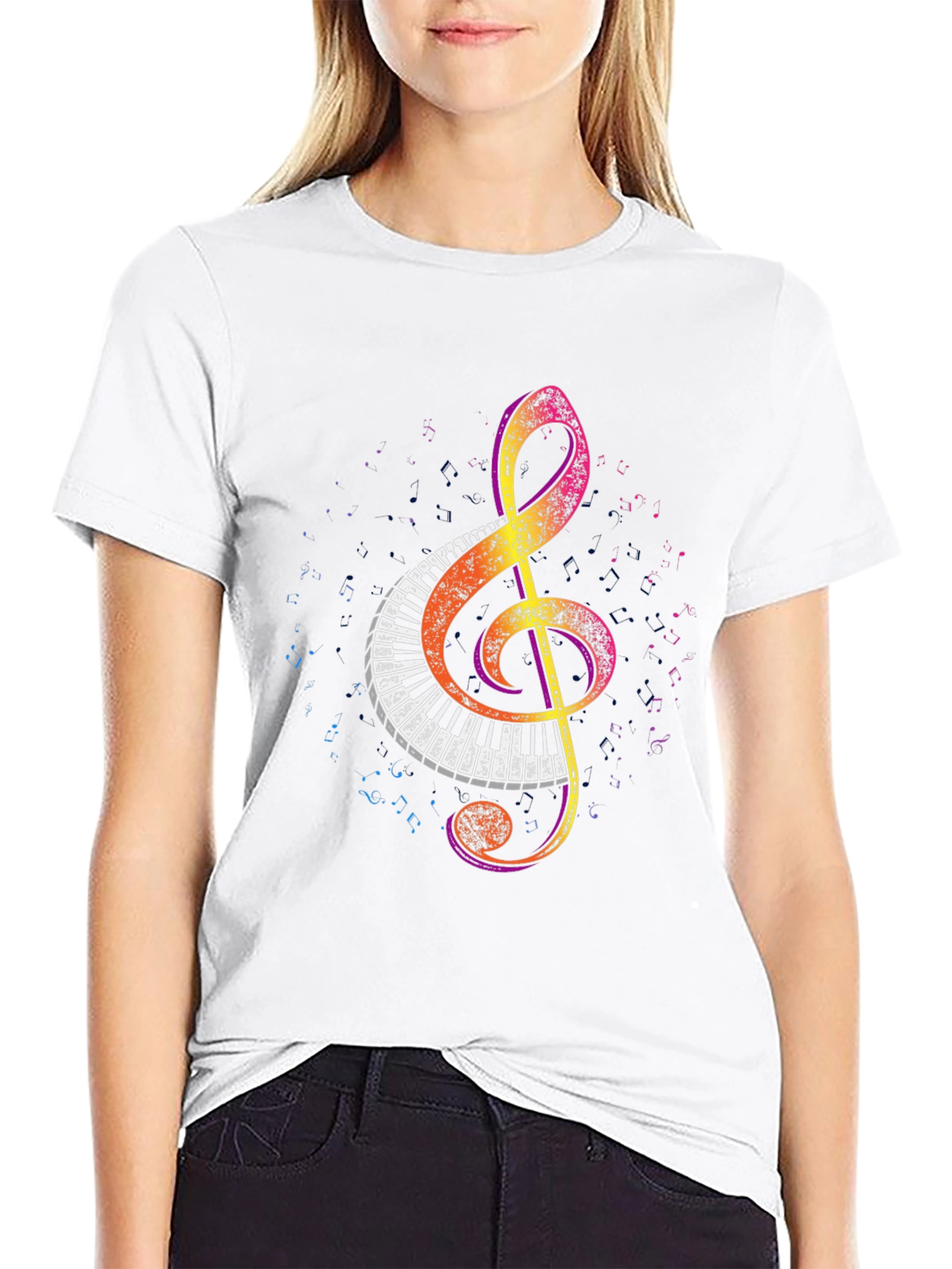 Black Musical Treble Clef Piano Keys Graphic Tee view 9