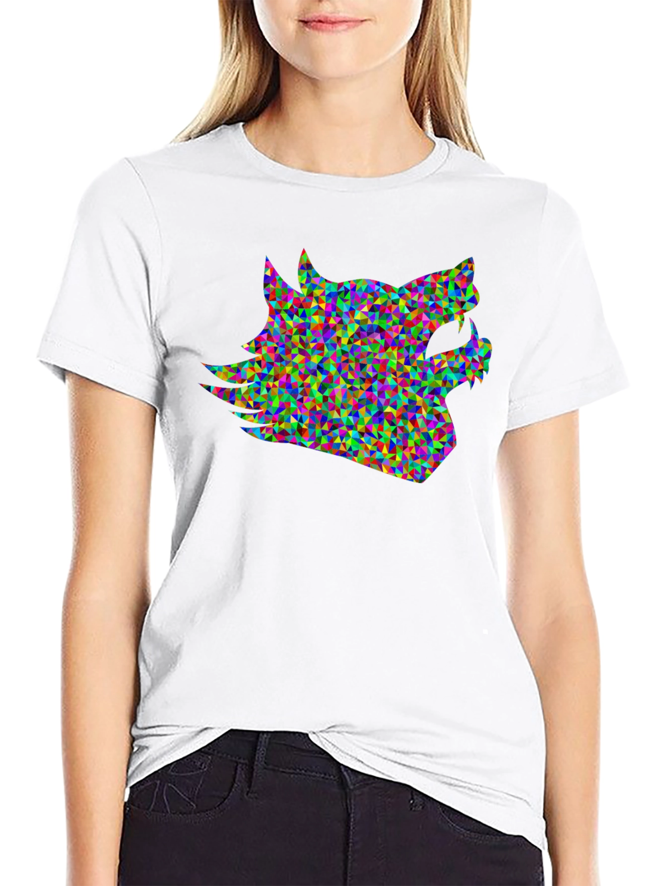 Black Geometric Wolf Head T-Shirt - Modern Abstract Design view 9