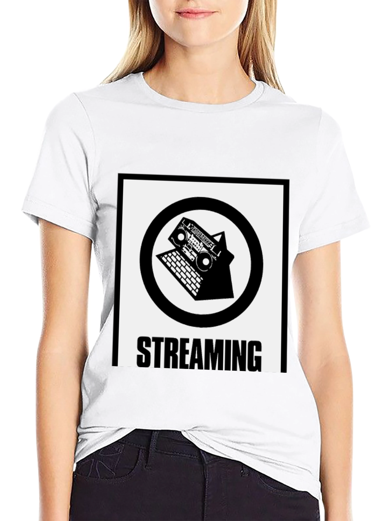 Black Streaming T-Shirt: Boombox & Laptop Design view 9