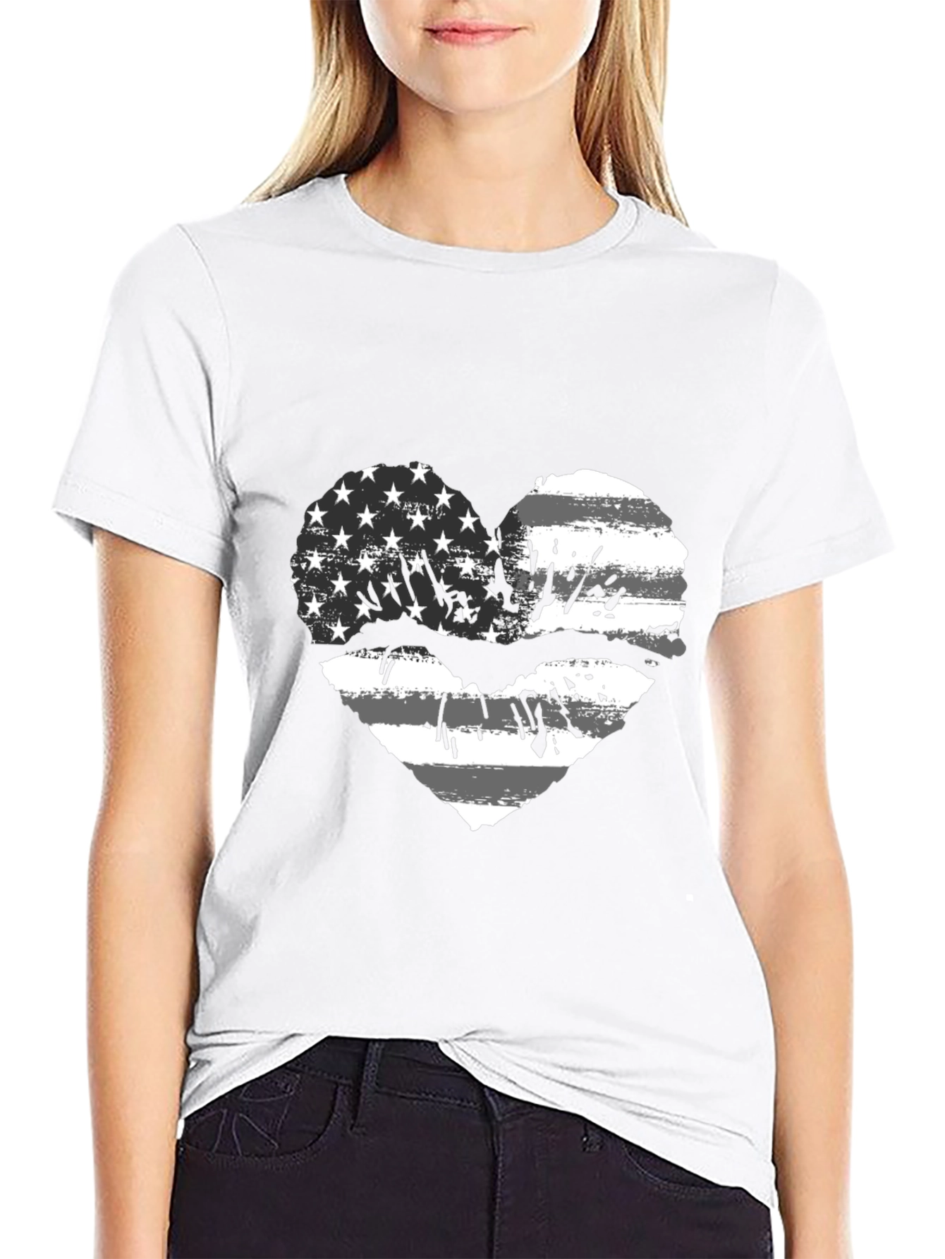 Black American Flag Heart Lips Black T-Shirt view 9
