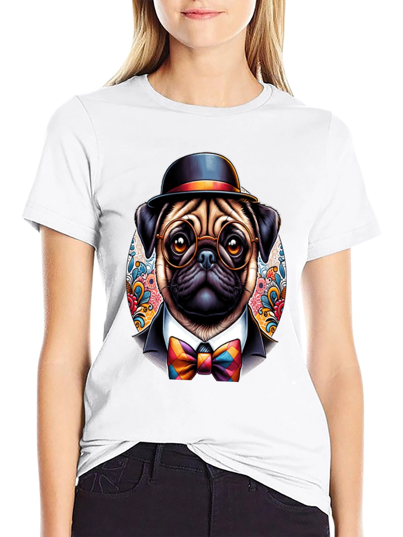 Black Dapper Pug T-Shirt - Stylish Dog Graphic Tee view 9