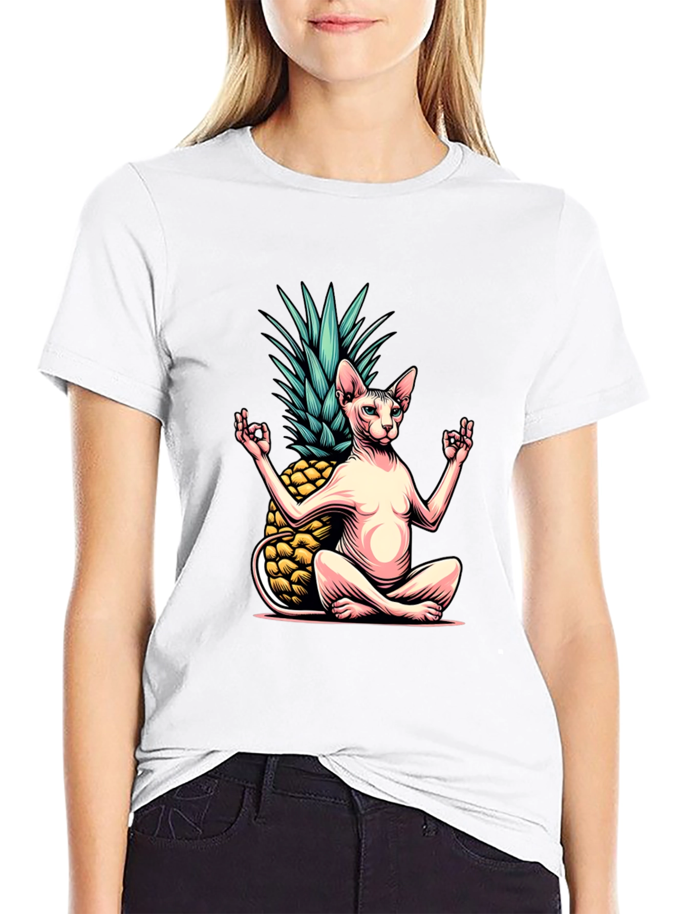 Black Zen Cat Pineapple T-Shirt - Meditating Sphynx Tee view 9