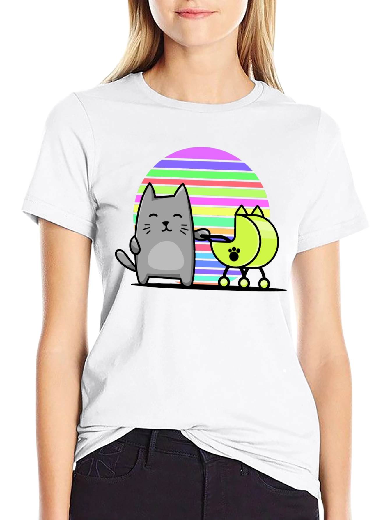 Black Cute Cat and Moon Walker T-Shirt view 9