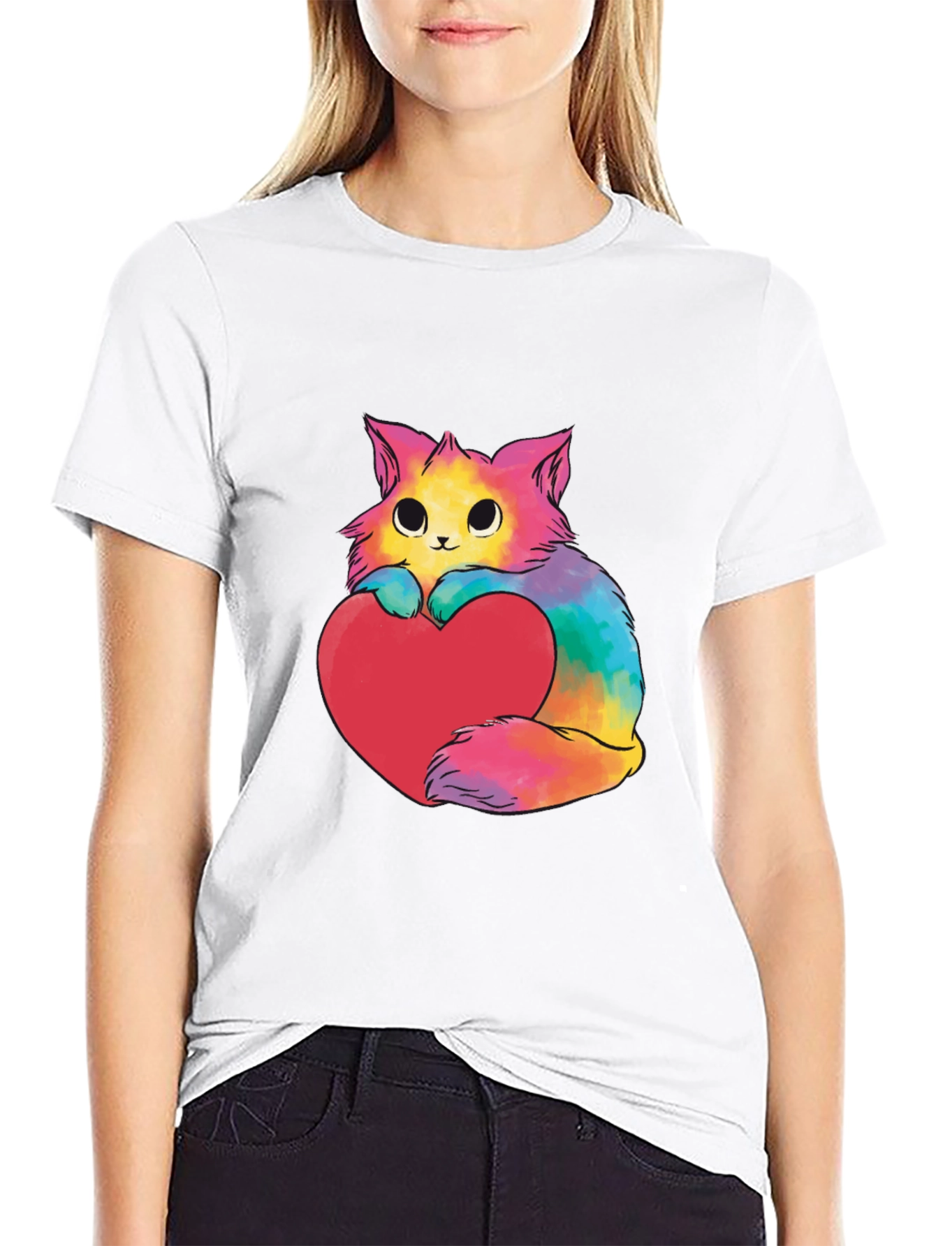 Black Rainbow Cat Heart Graphic Tee - Unisex view 9