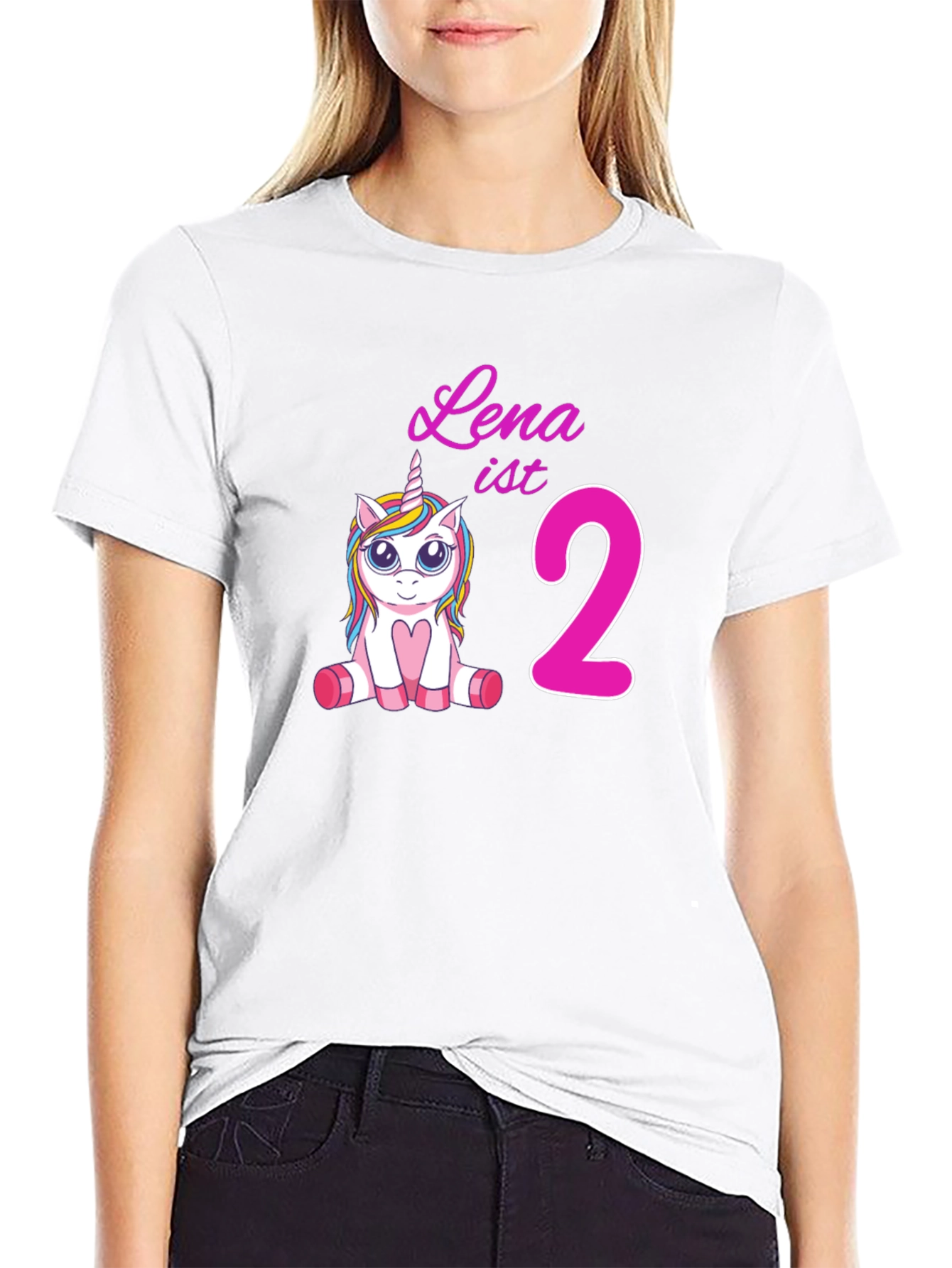 Black Cute 'Lena is 2' Unicorn Birthday Black T-Shirt view 9