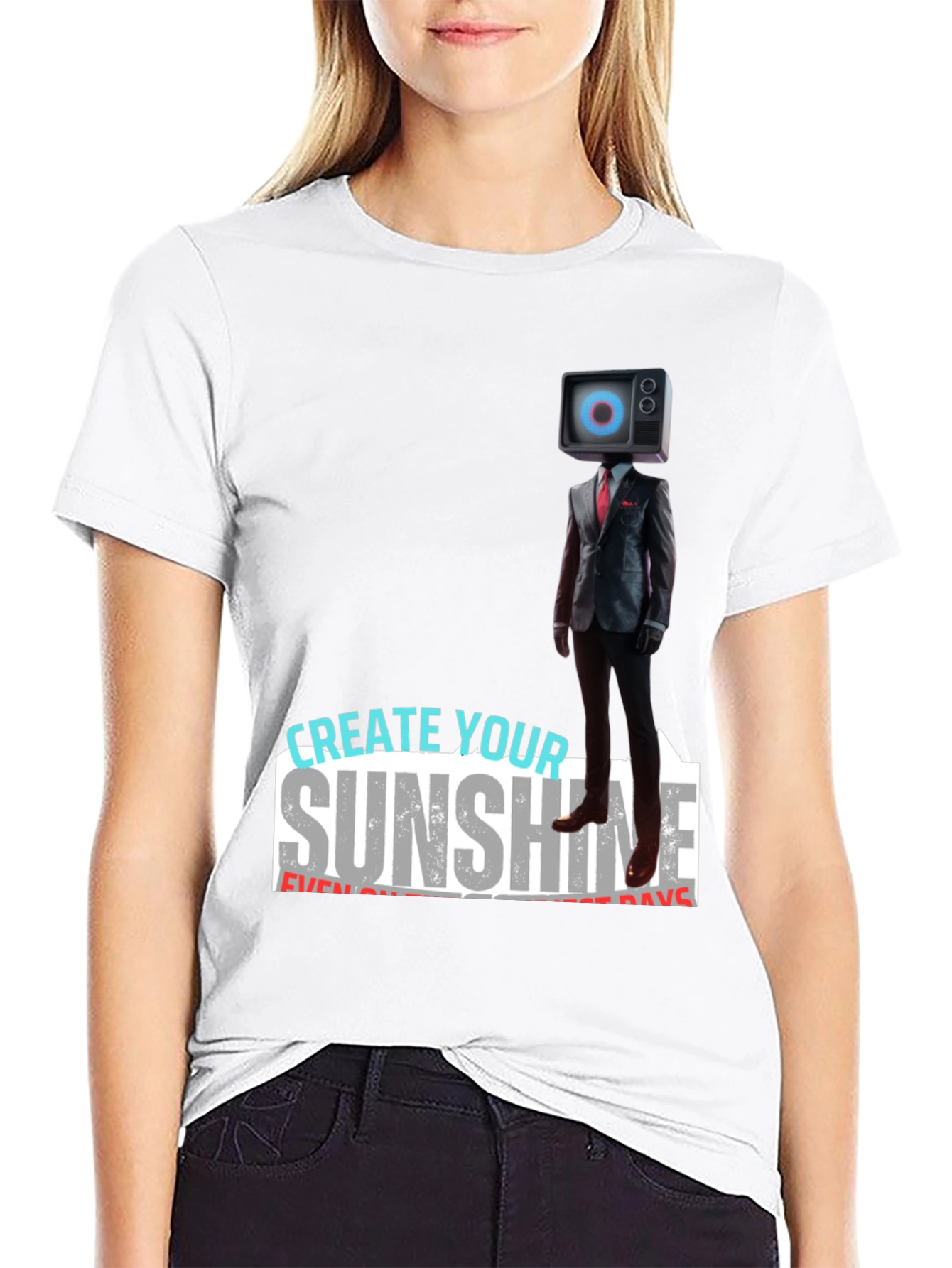 Black Modern TV Head Suit T-Shirt: Create Your Sunshine view 9