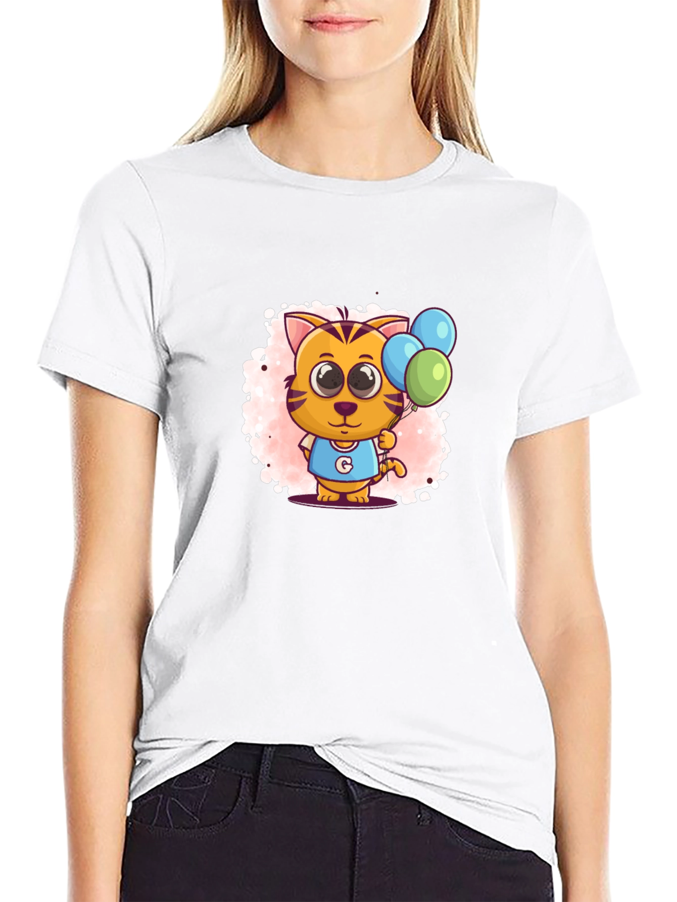 Black Cute Cartoon Cat With Balloons Black T-Shirt view 9