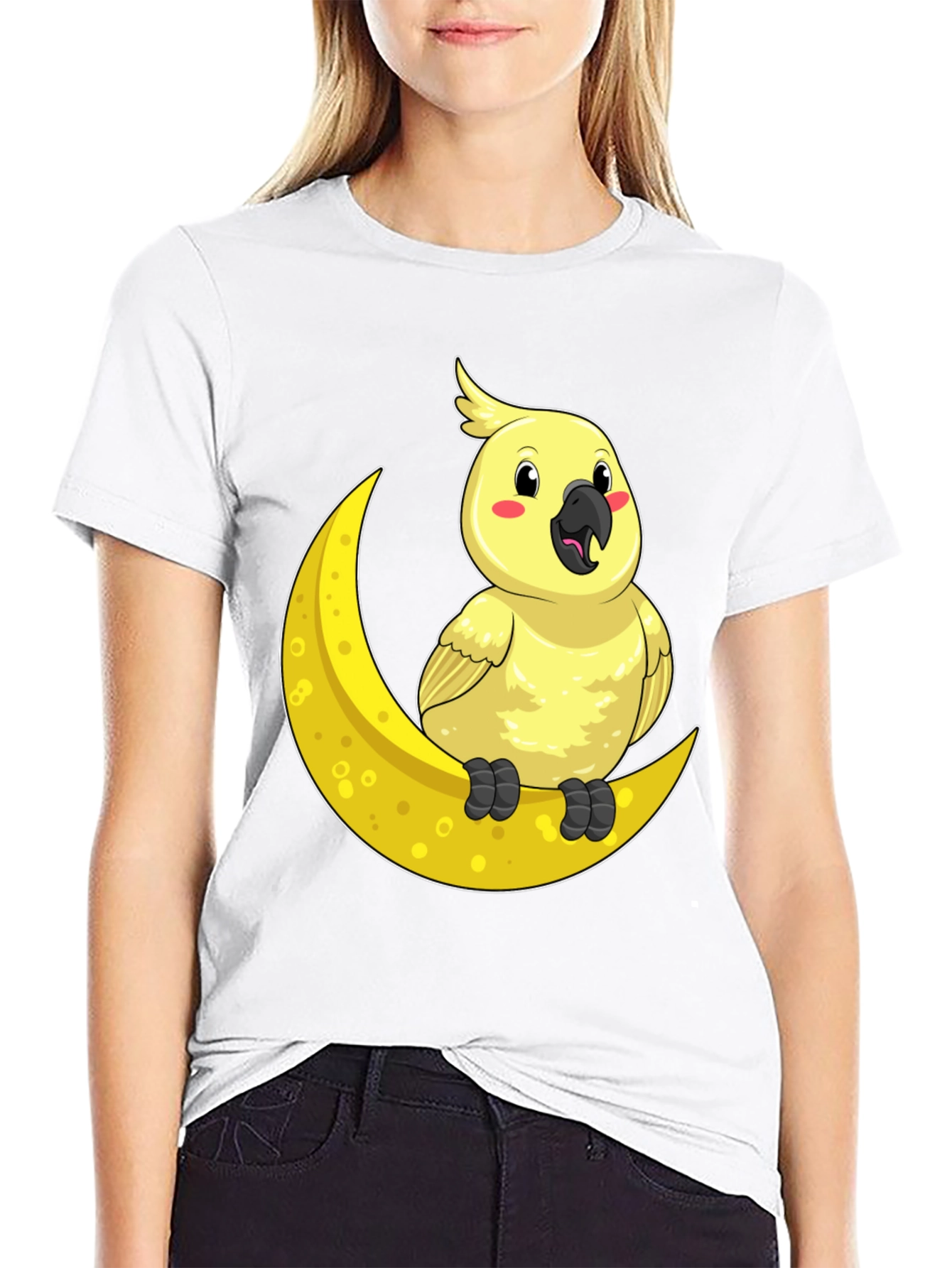 Black Cute Cockatiel On Moon T-Shirt - Soft Cotton, Unique Design view 9