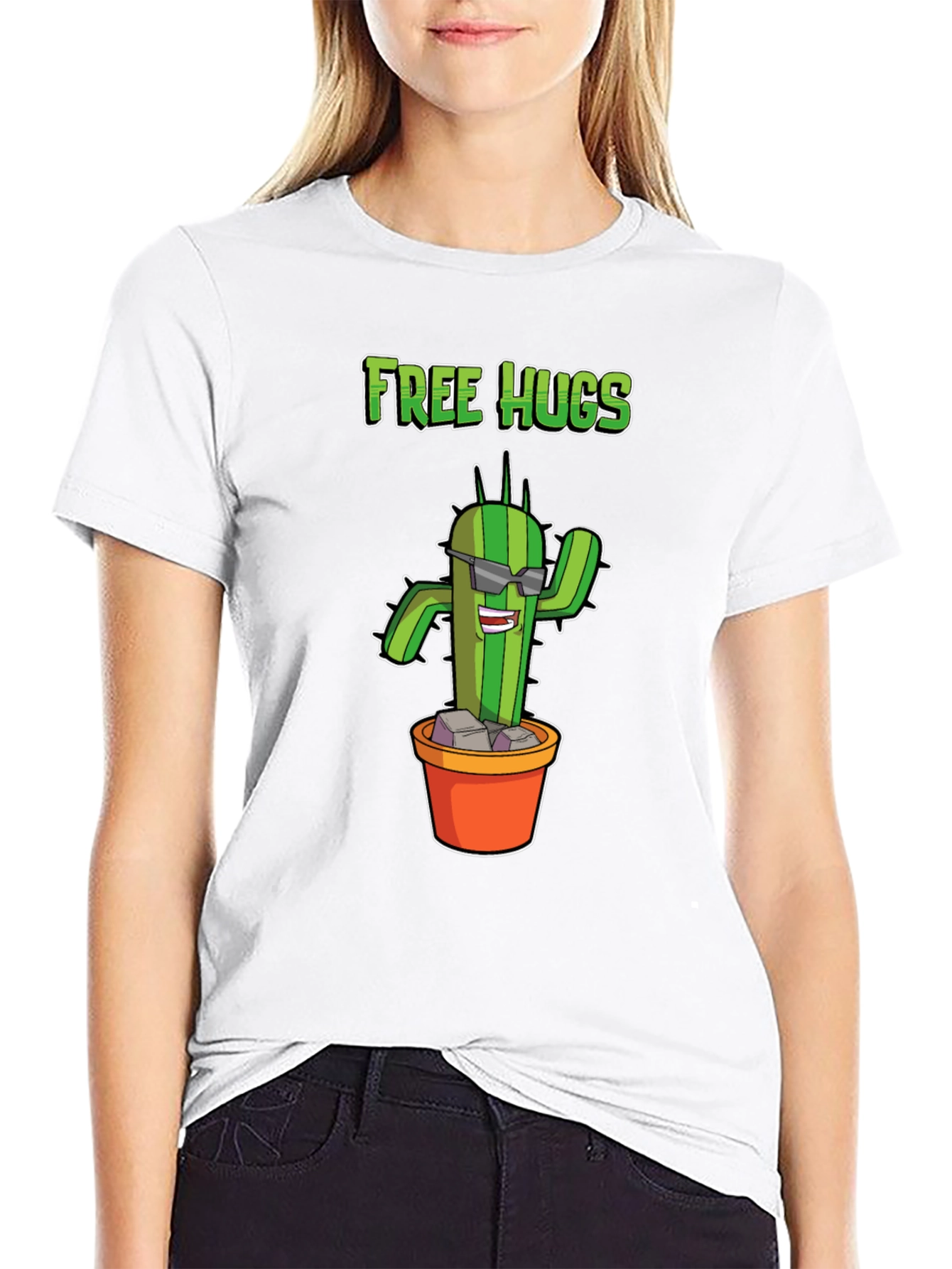 Black Funny Cactus Free Hugs Graphic T-Shirt view 9