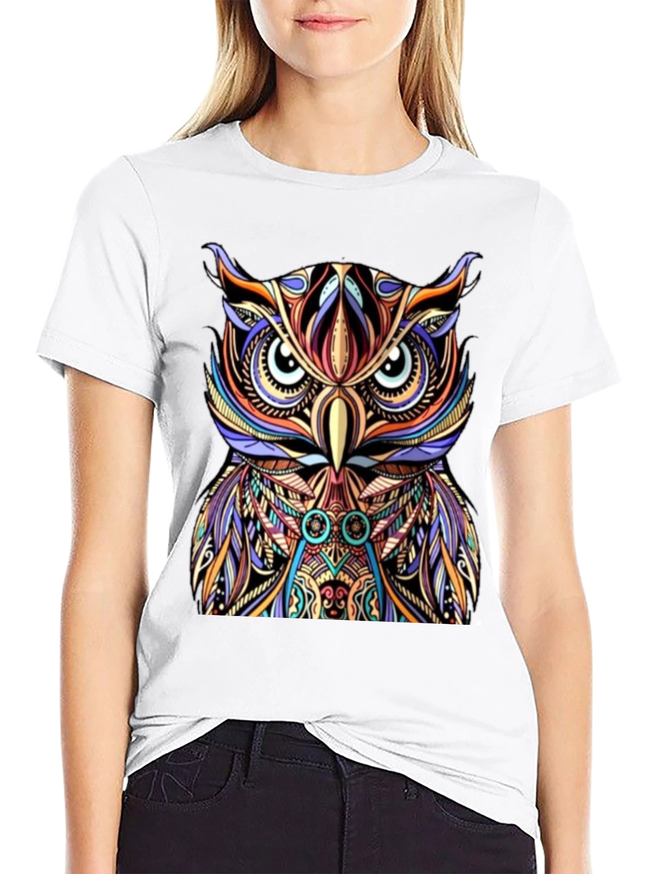 Black Colorful Owl Graphic Print Tee view 9