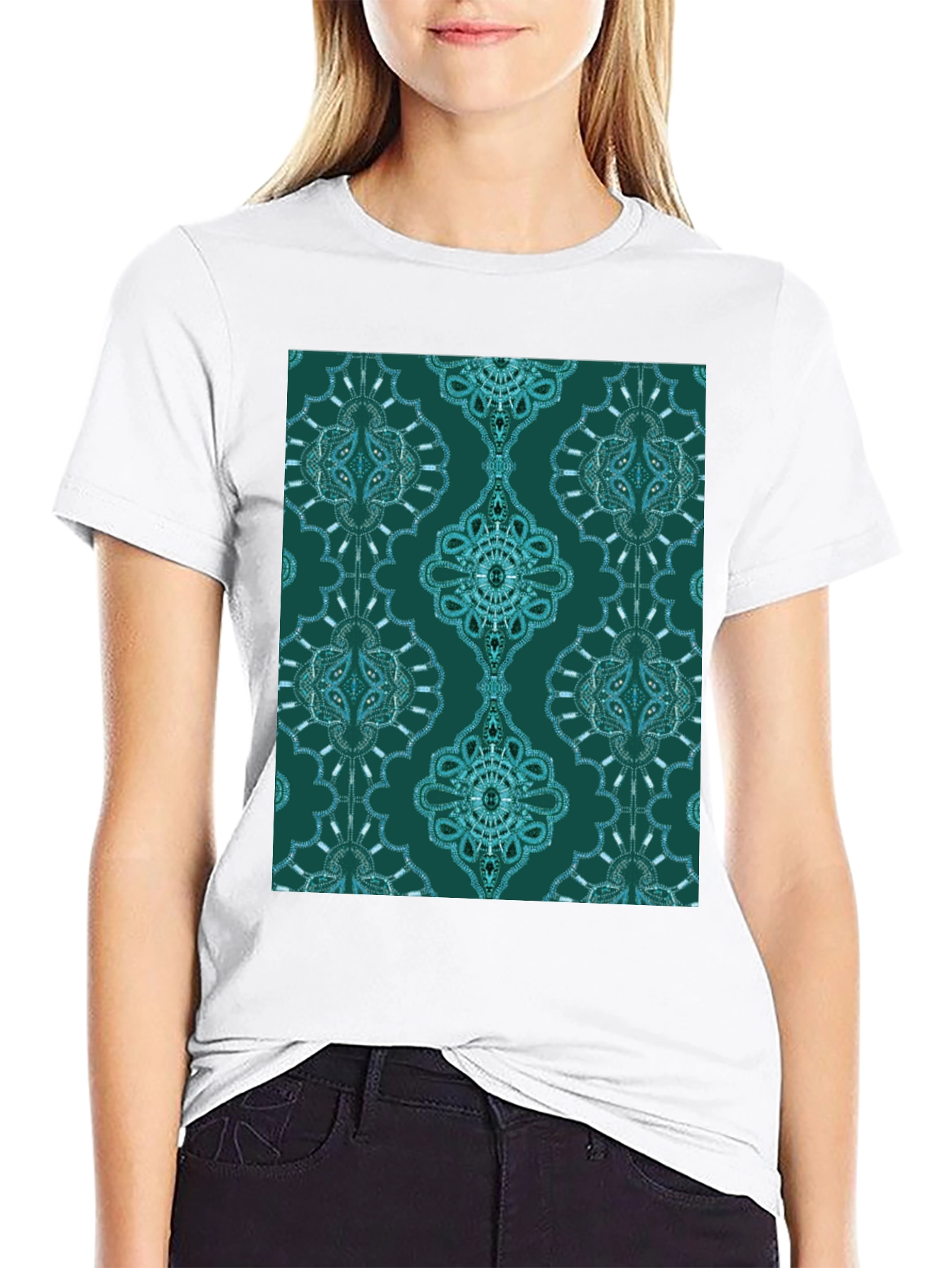Black Stylish Patterned Teal T-Shirt view 9