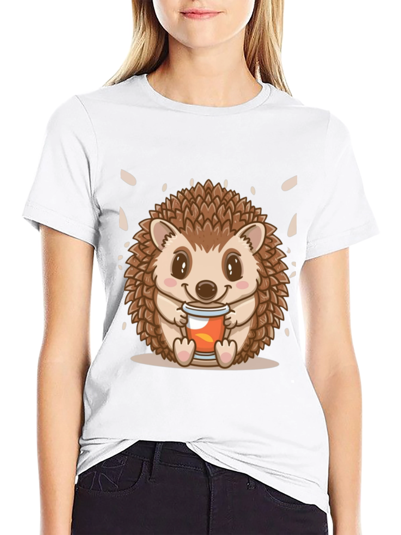 Black Cute Hedgehog Holding Drink Graphic Tee - Black view 9