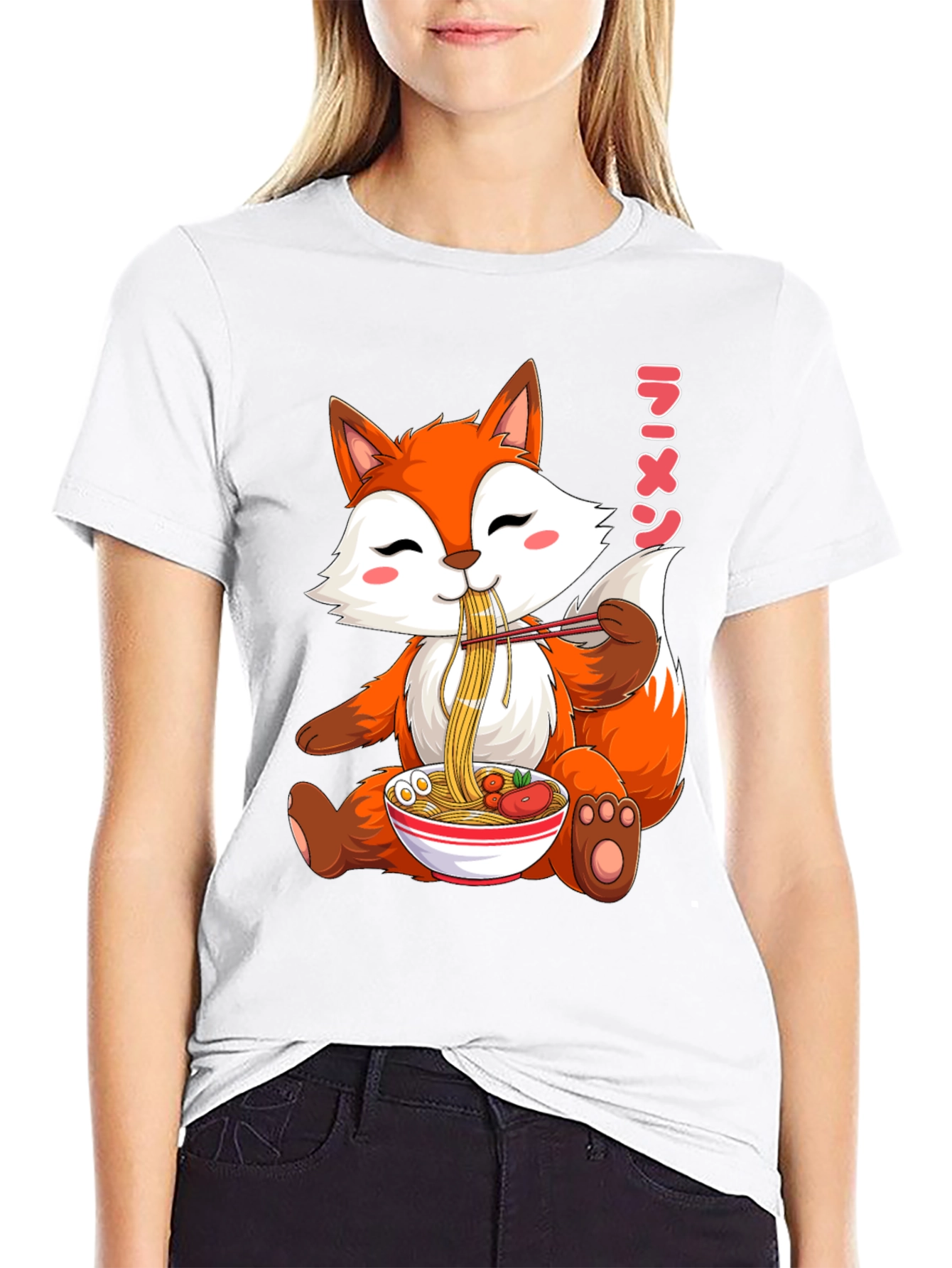 Black Cute Fox Ramen T-Shirt, Kawaii Anime Tee view 9