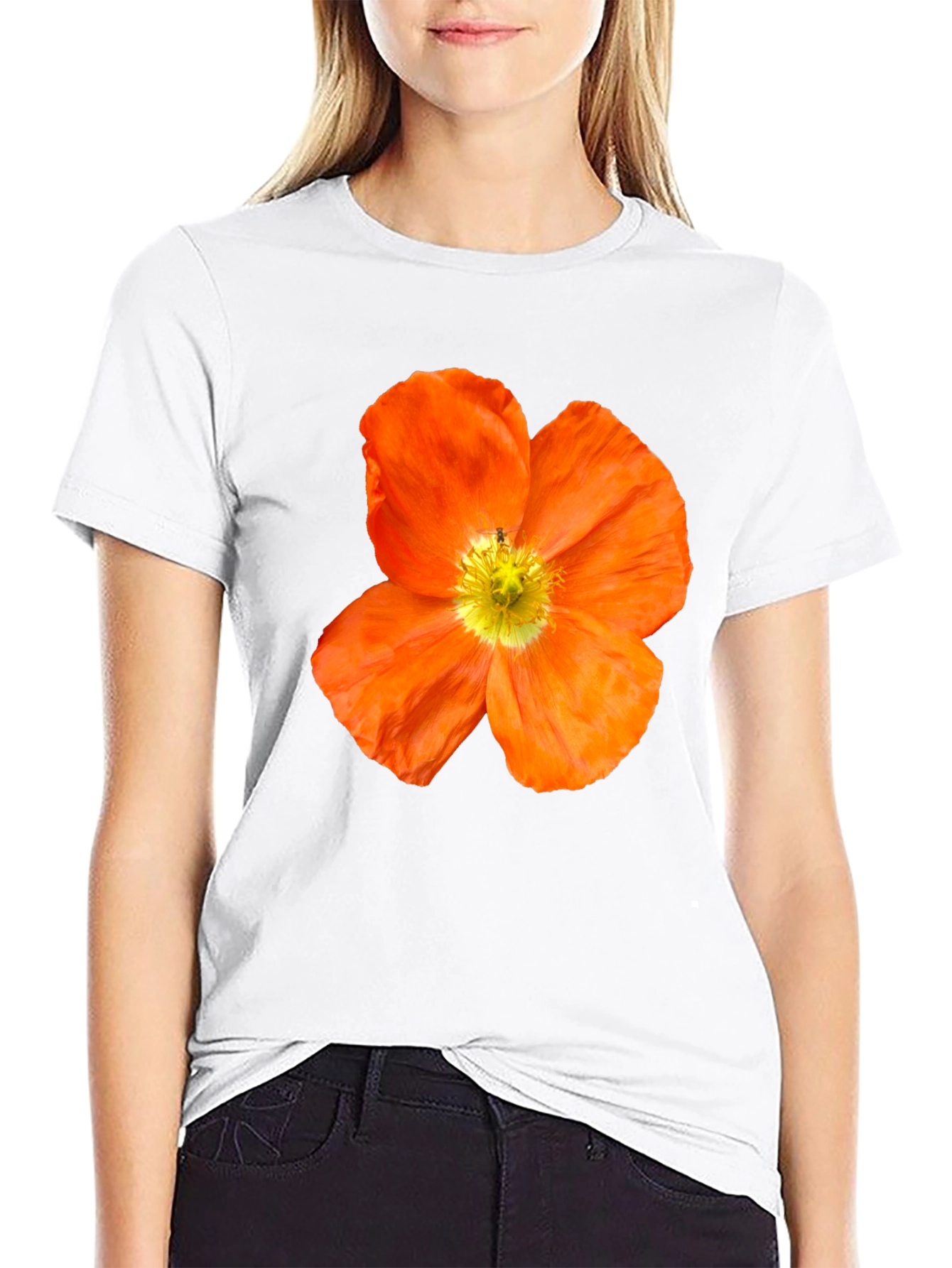 Black Floral Print T-Shirt - Bold Orange Poppy Design view 9