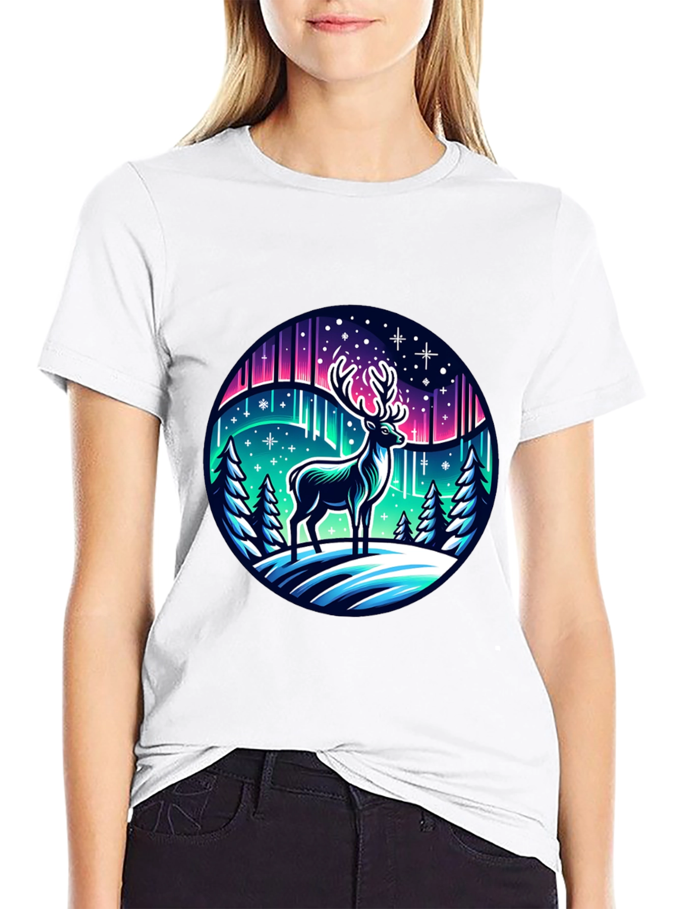 Black Winter Deer Graphic Tee - Northern Lights Design view 9
