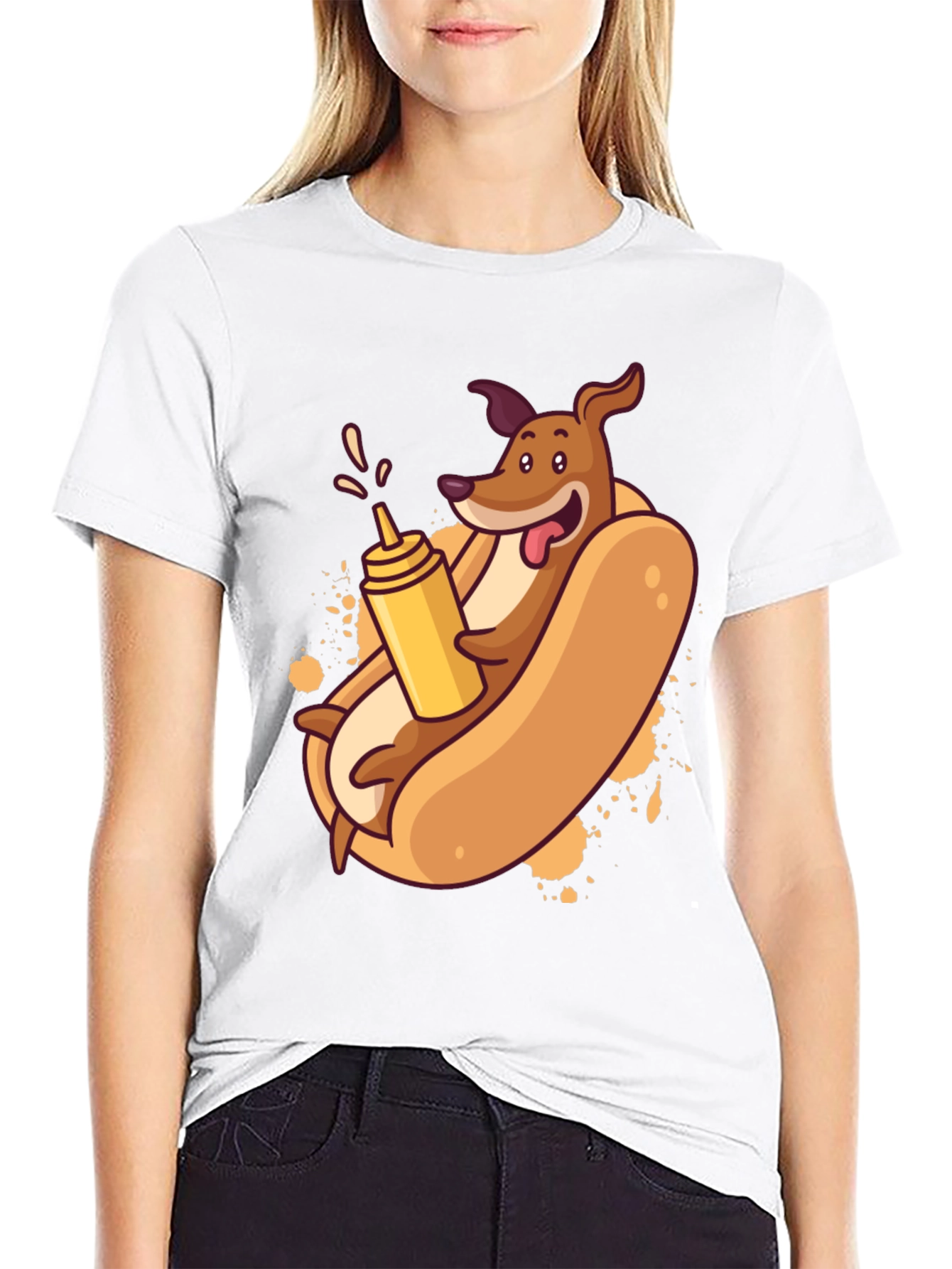 Black Funny Dachshund Hot Dog Cartoon T-Shirt view 9