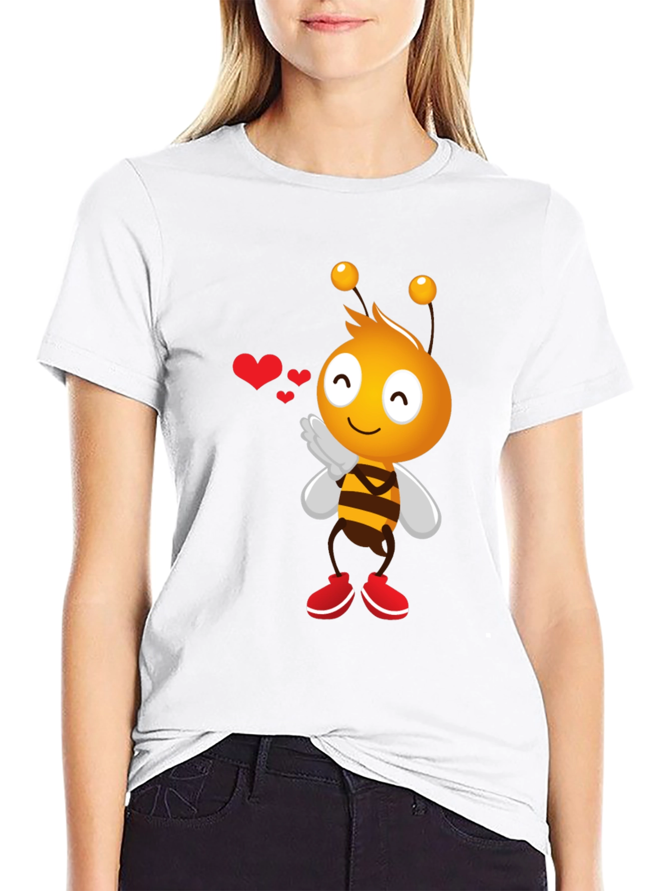 Black Cute Bee Cartoon Graphic T-Shirt view 9