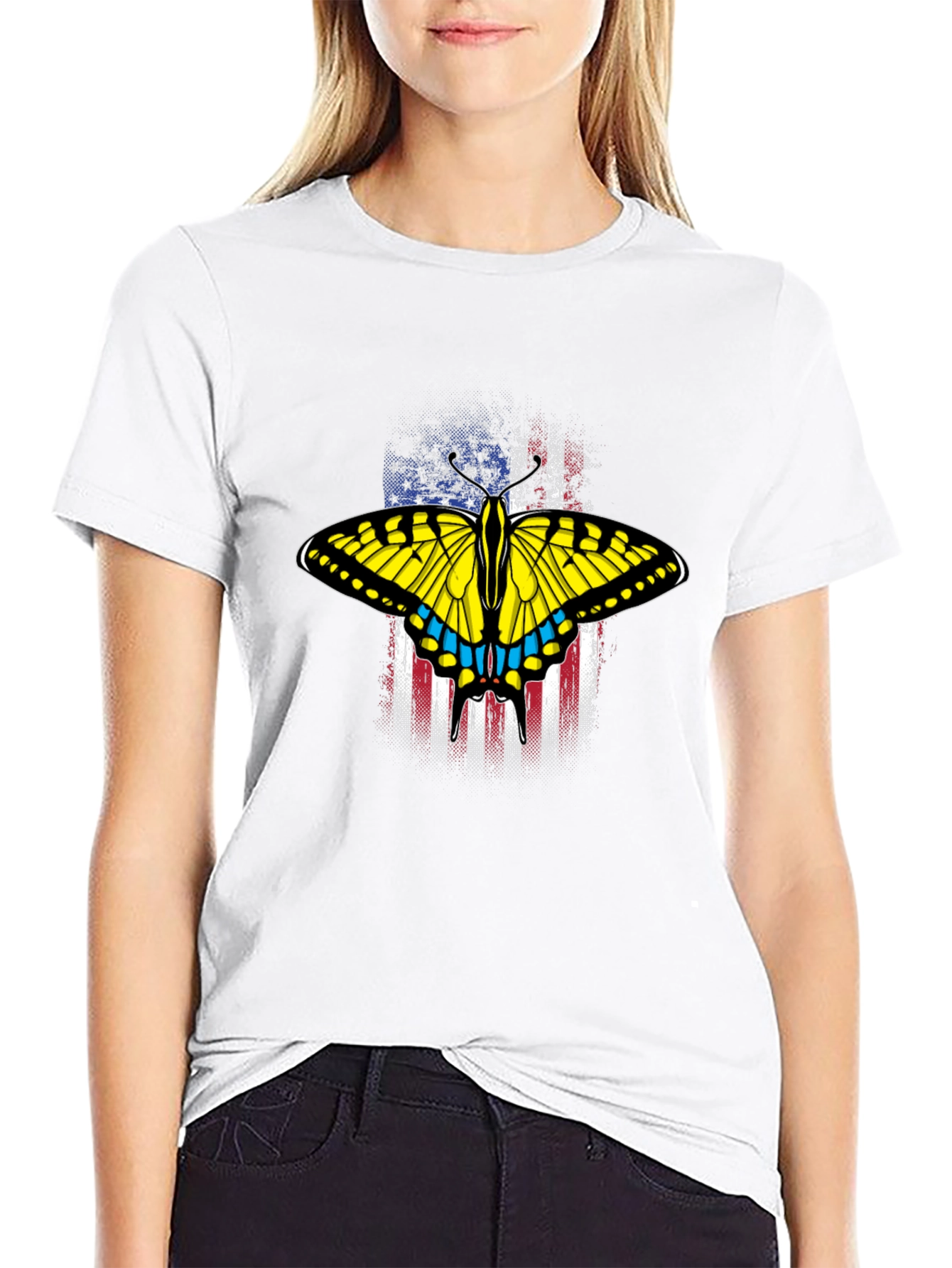 Black American Flag Butterfly Graphic T-Shirt view 9