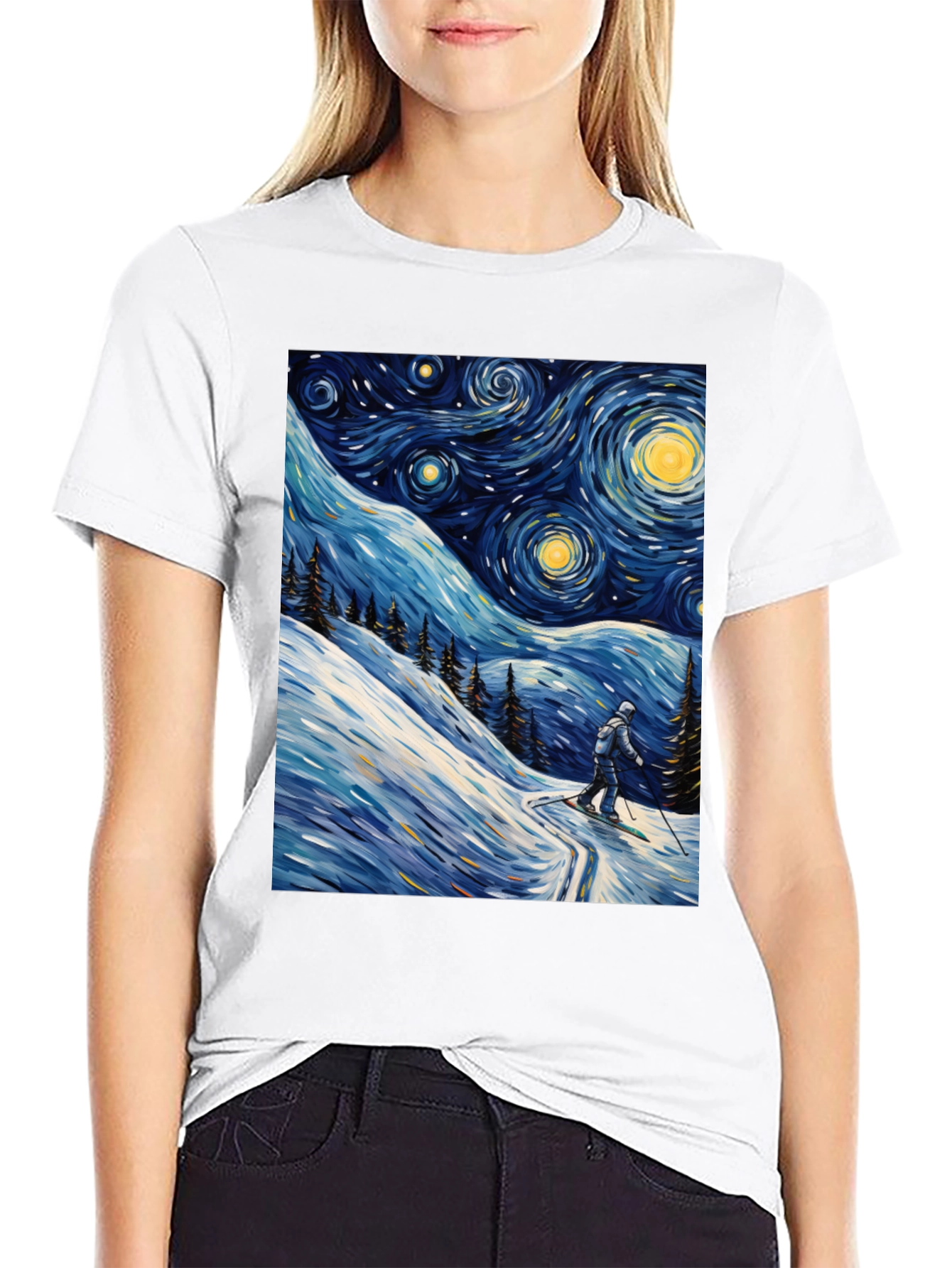 Black Starry Night Skiing Graphic Tee view 9