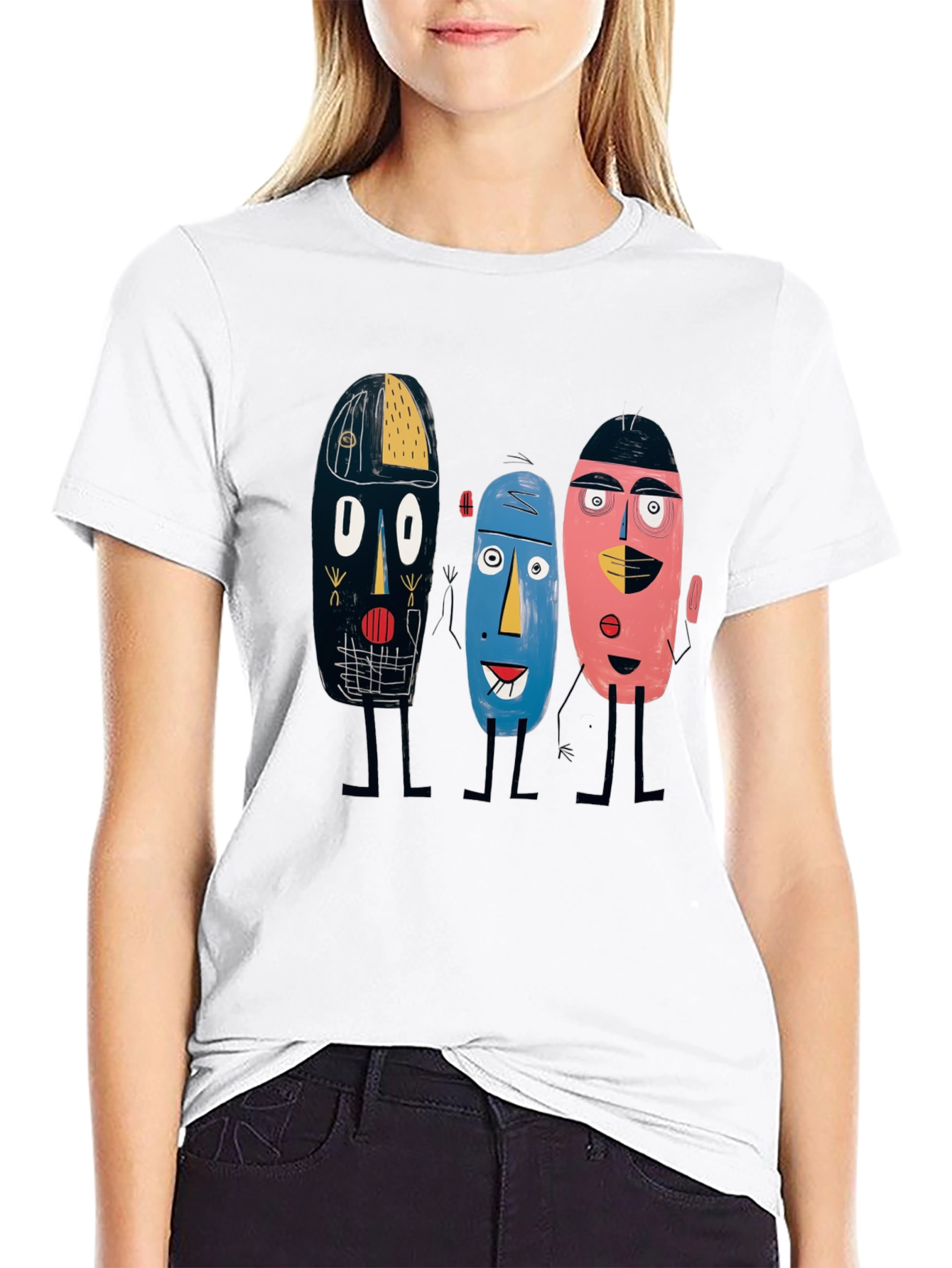 Black Abstract Faces Black Tee - Unique Graphic Print view 9