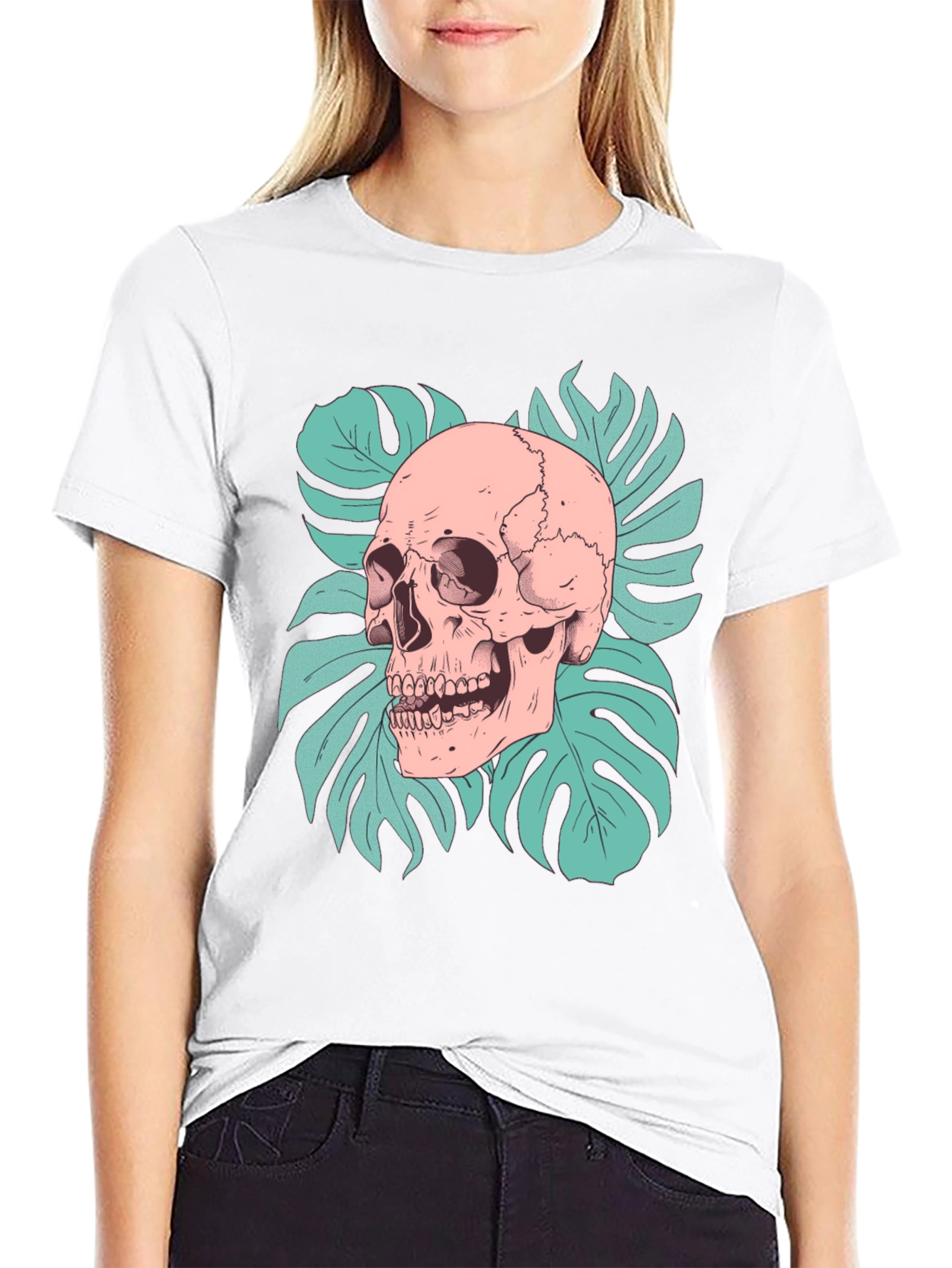 Black Skull & Monstera Leaf Graphic Tee - Black view 9