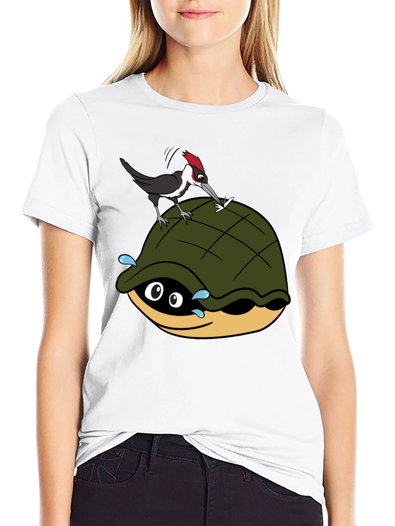 Black Cartoon Turtle and Woodpecker Graphic Tee view 9