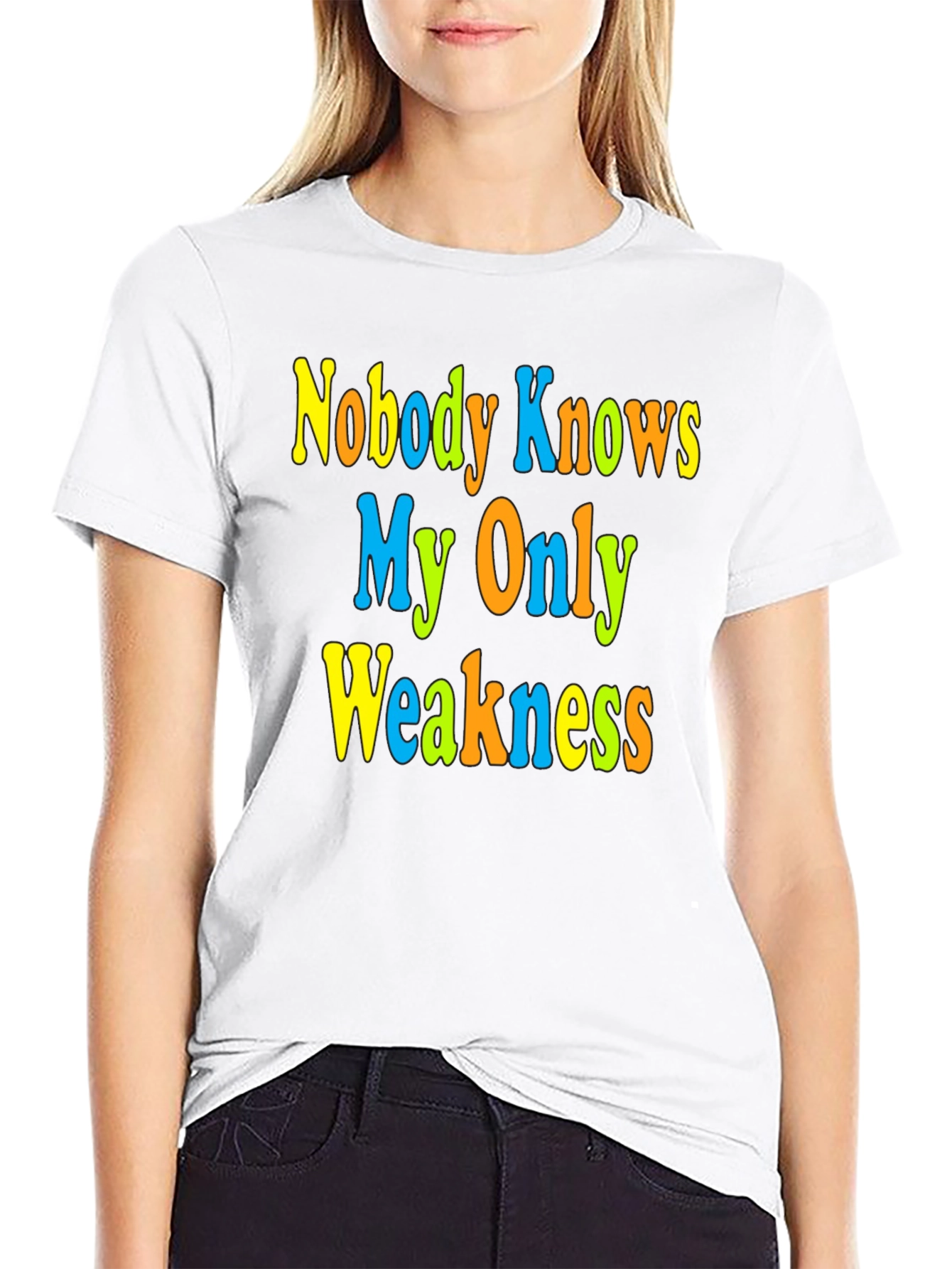 Black Funny Novelty Graphic Tee - Nobody Knows My Only Weakness view 9