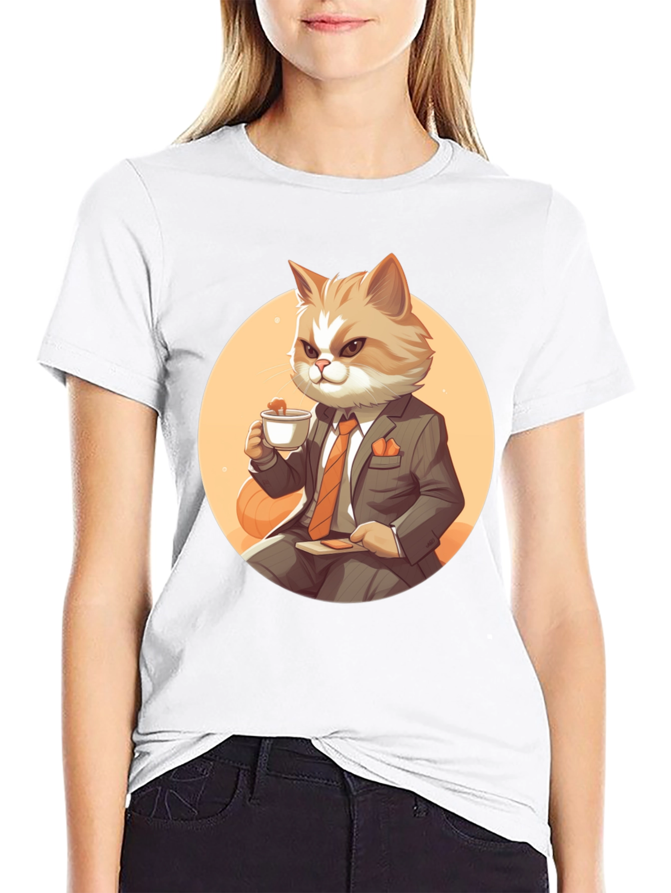 Black Cat Boss T-Shirt: Cartoon Cat in Suit Sipping Tea view 9