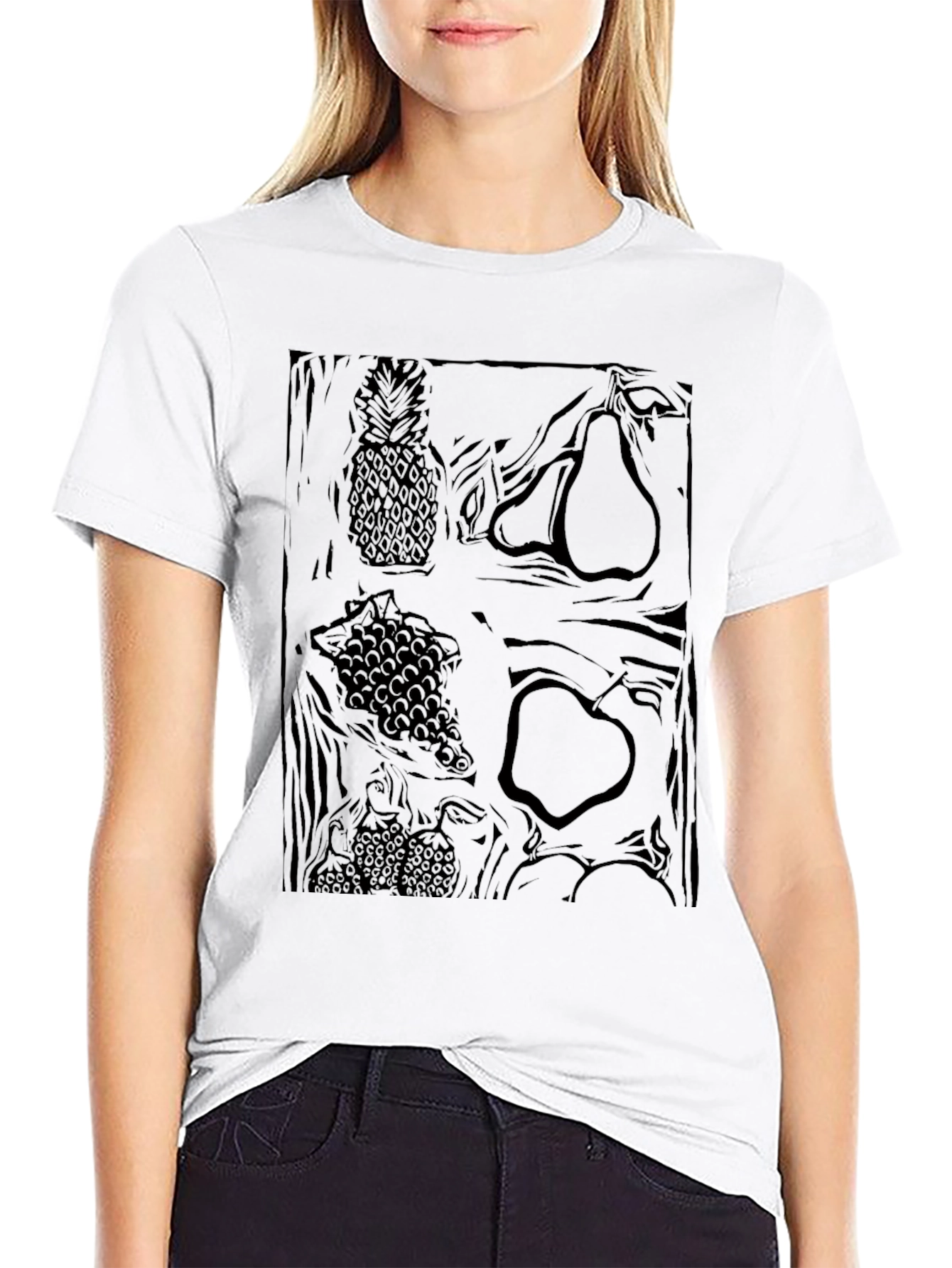 Black Monochrome Fruit Pattern Graphic Tee view 9
