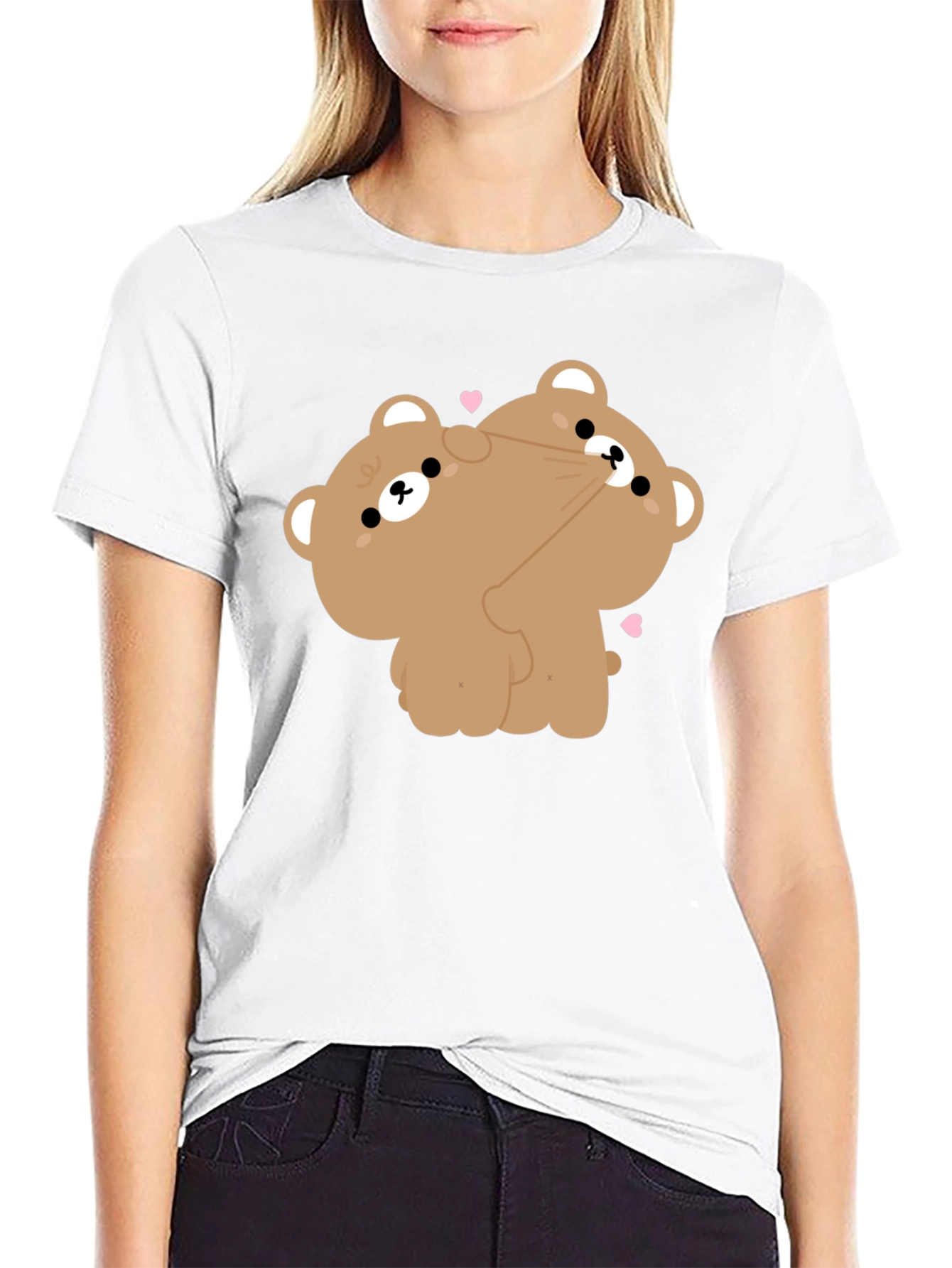 Black Cute Bear Hug Graphic Tee - Soft Black Cotton Shirt view 9