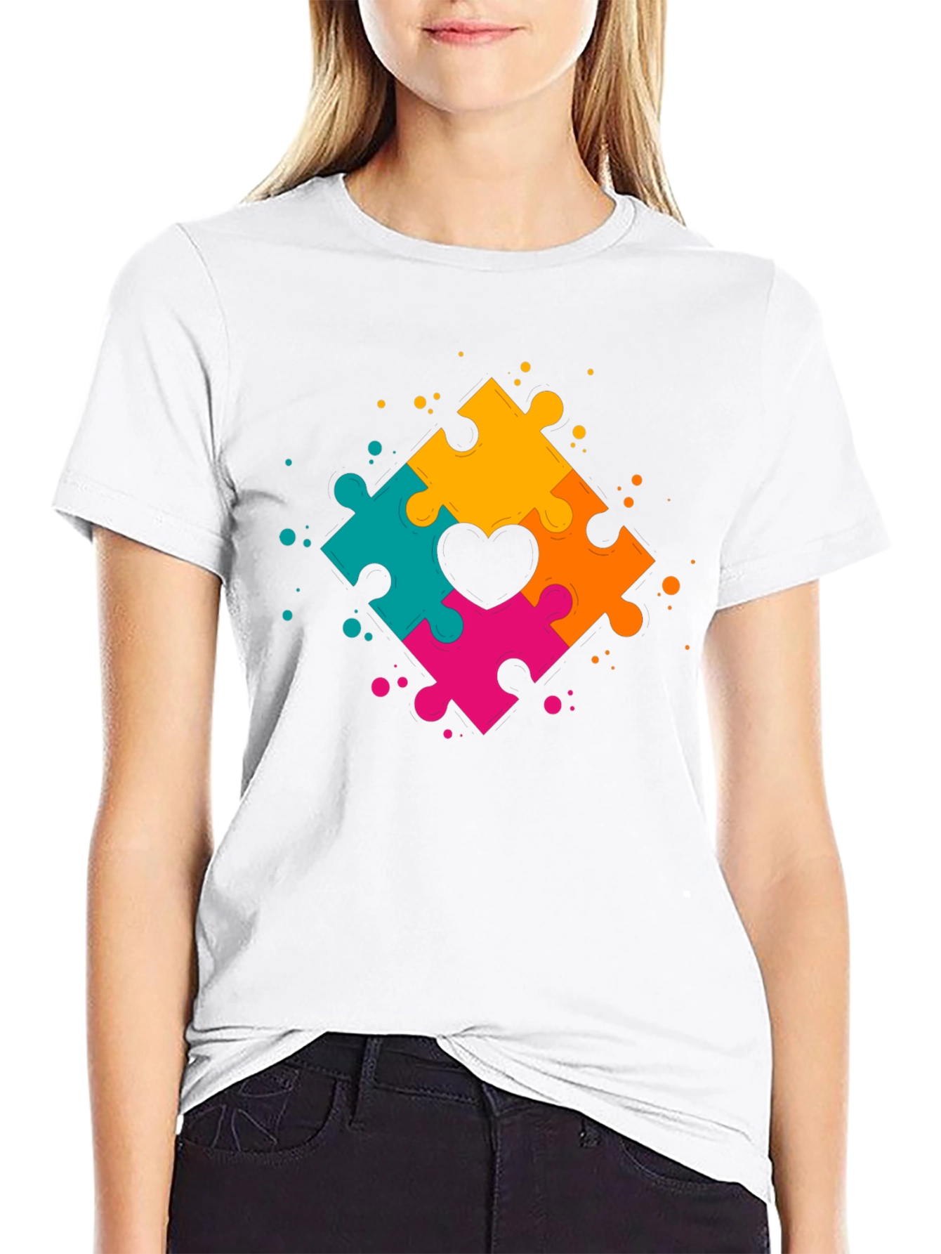 Black Autism Awareness Puzzle Heart T-Shirt view 9