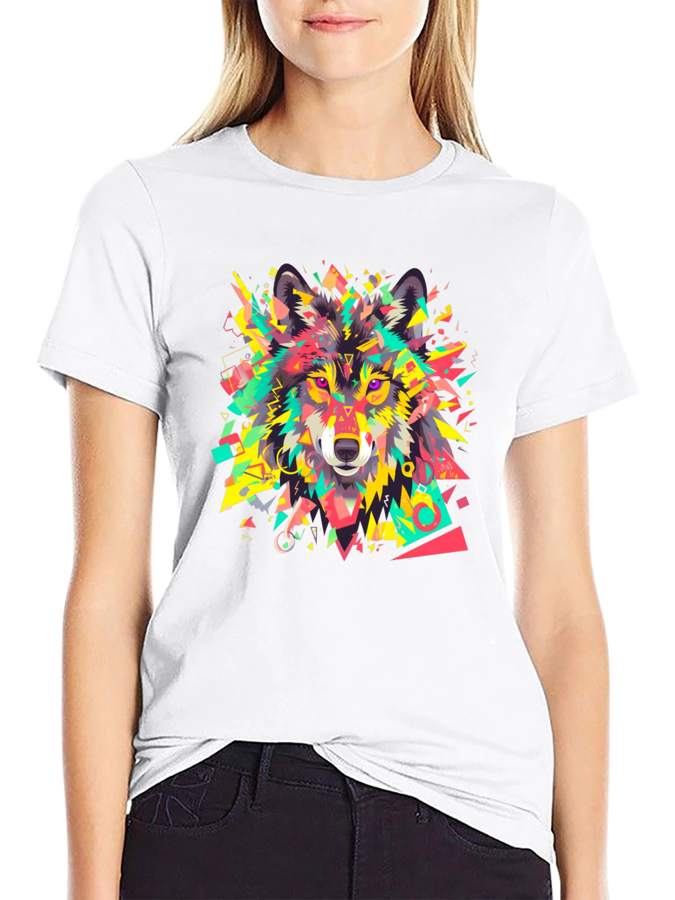 Black Geometric Wolf Graphic Black T-Shirt view 9