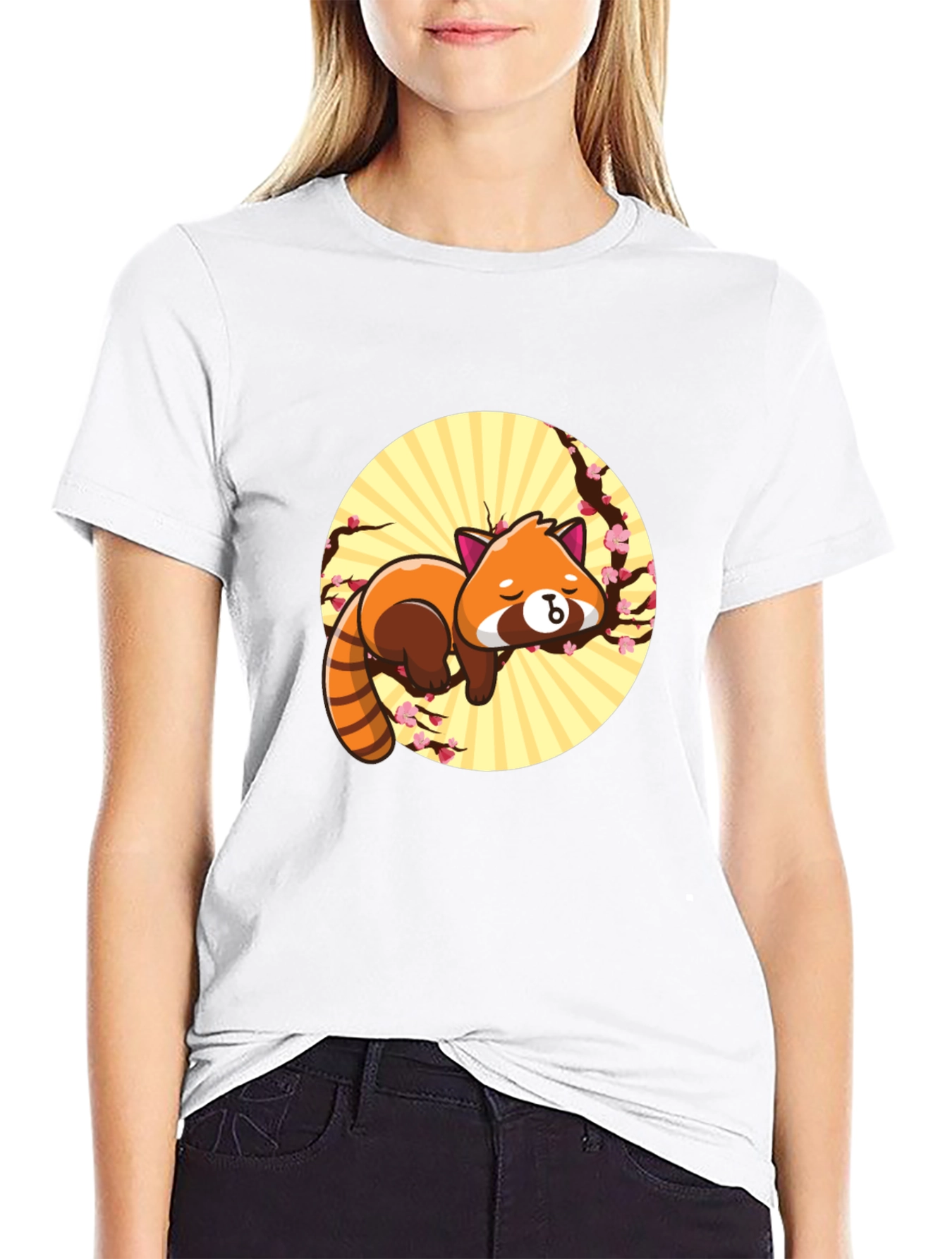 Black Cute Red Panda Sleeping on Branch - Black T-shirt view 9