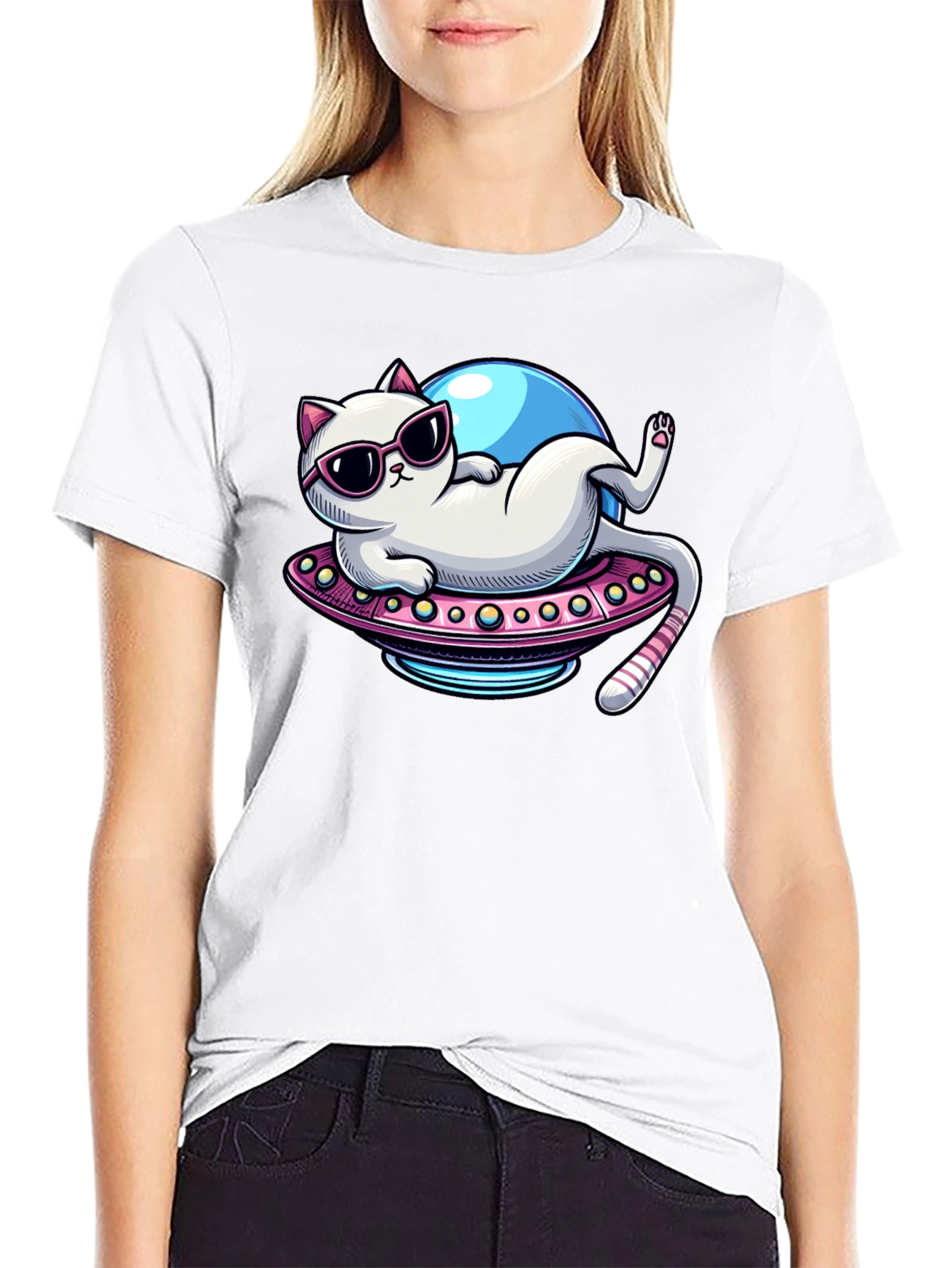 Black Cat in UFO T-Shirt - Lazy Astronaut Kitten Tee view 9