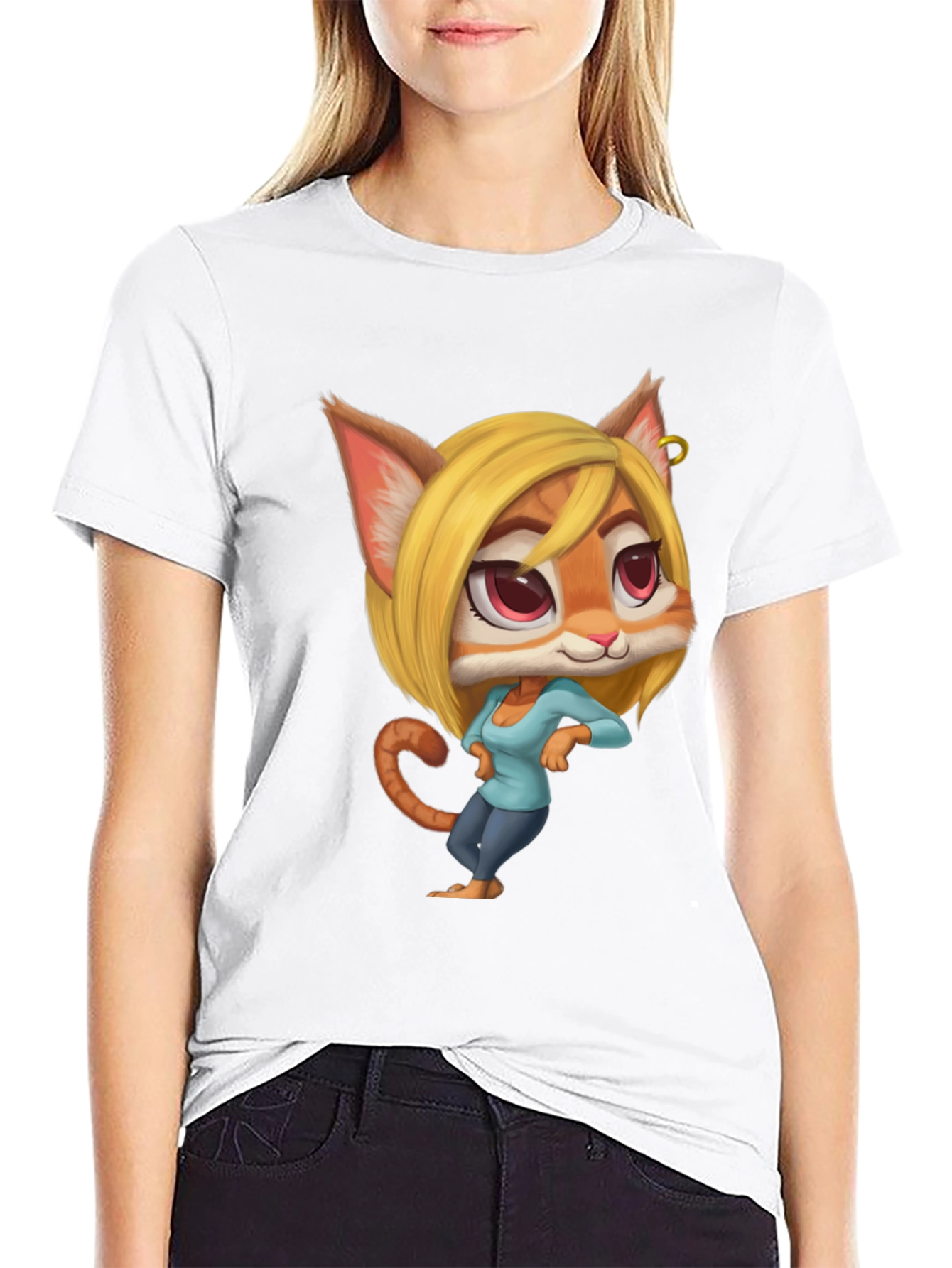 Black Cartoon Cat Girl T-Shirt - Unique Design view 9