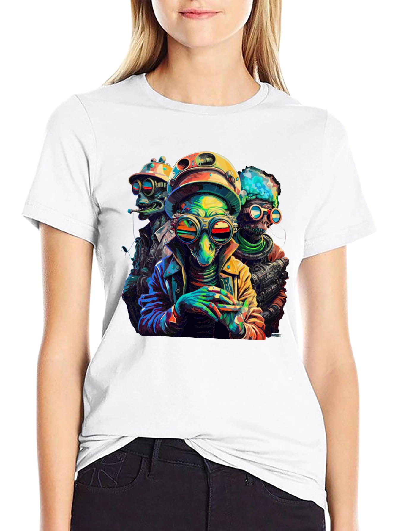 Colorful Alien Crew Graphic Black T-Shirt - 9