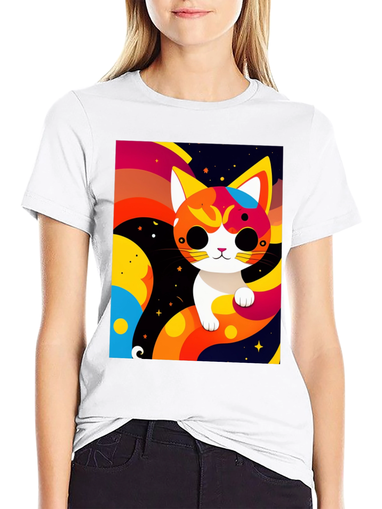 Black Cartoon Cat Graphic Tee - Modern Artistic Design view 9