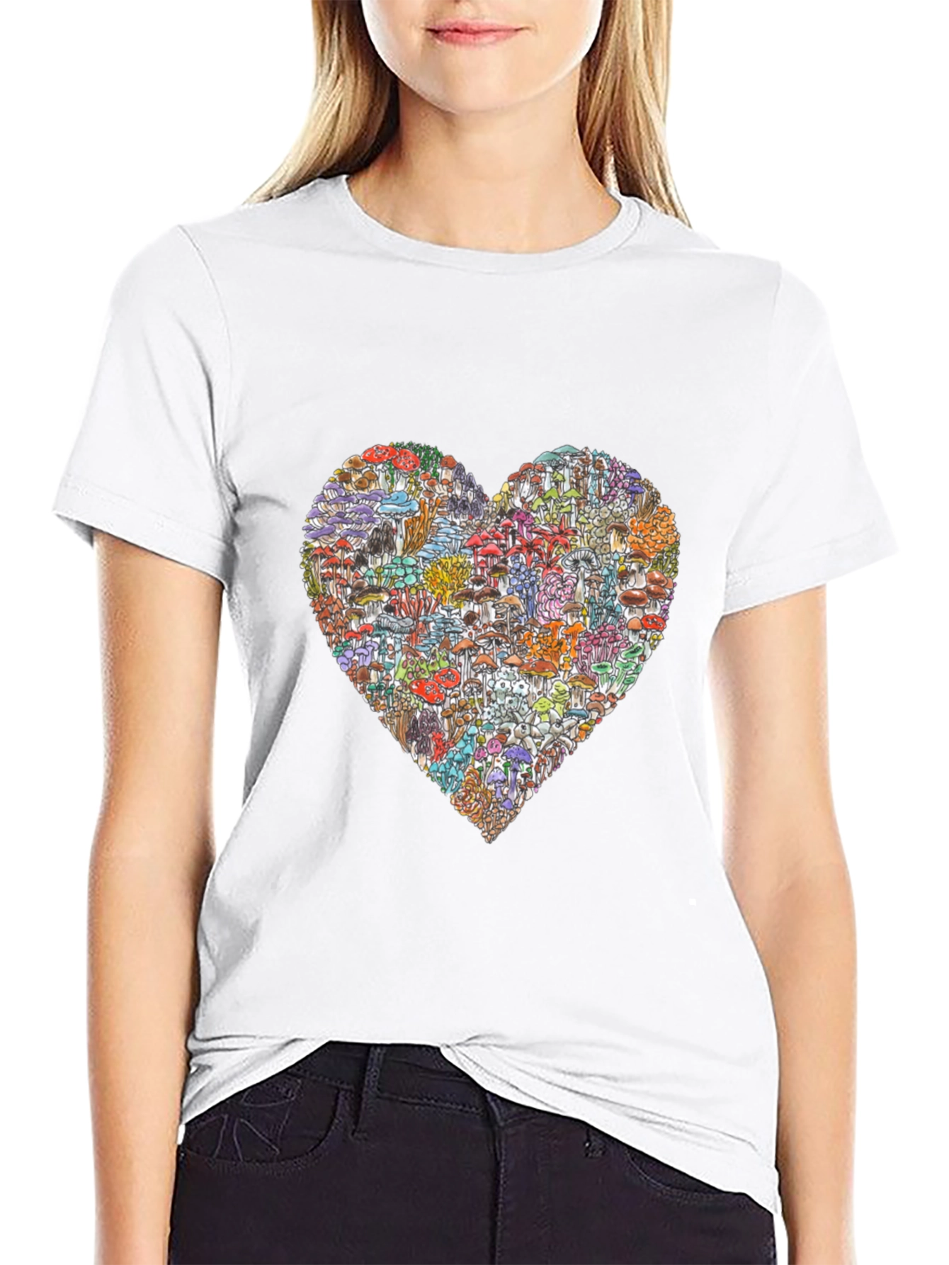 Black Mushroom Heart Graphic T-Shirt - Unique Design view 9